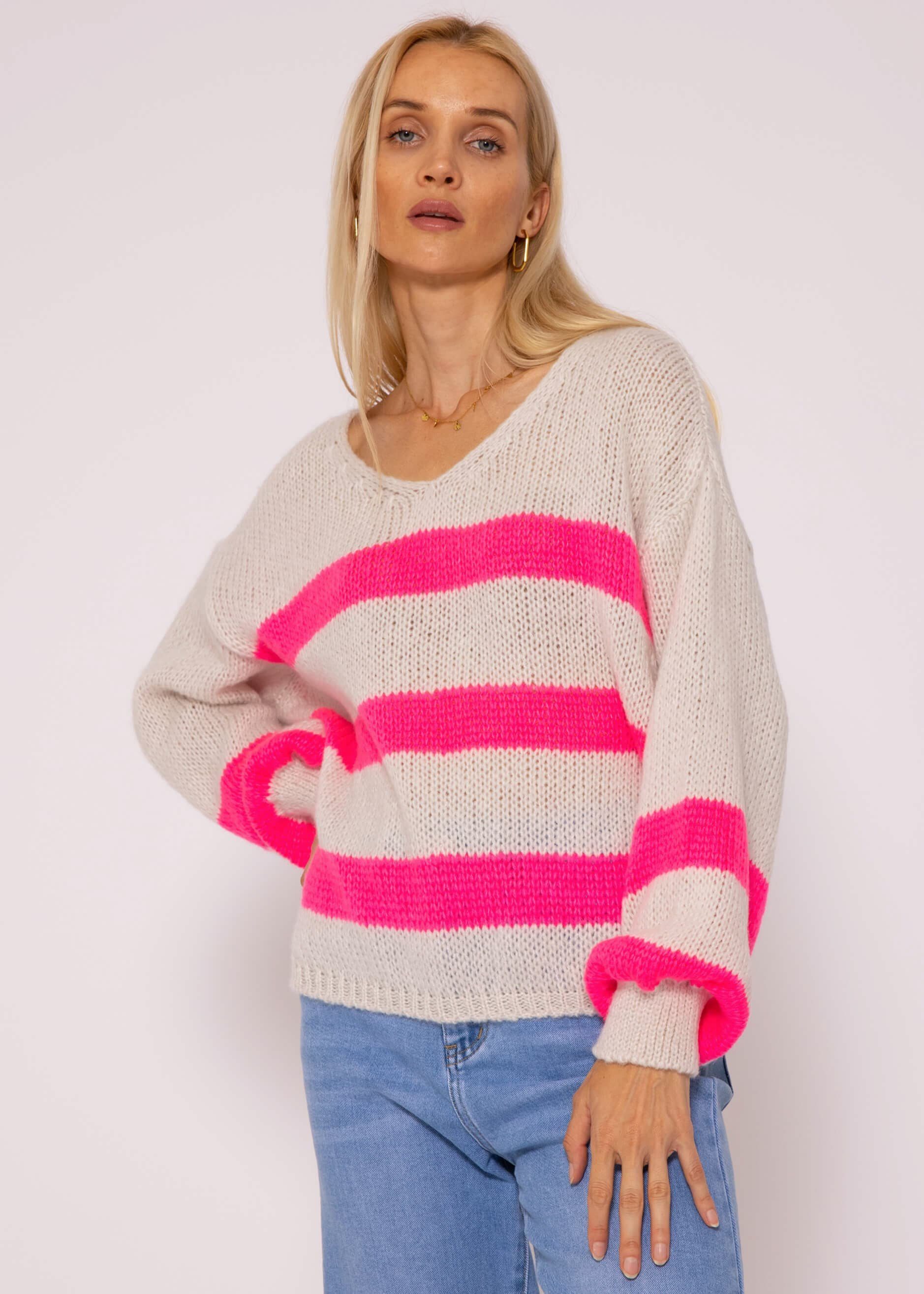 SASSYCLASSY Strickpullover Oversize Pullover Damen aus weichem Grobstrick Lässiger Strickpullover mit Streifen und V-Ausschnitt, Made in Italy