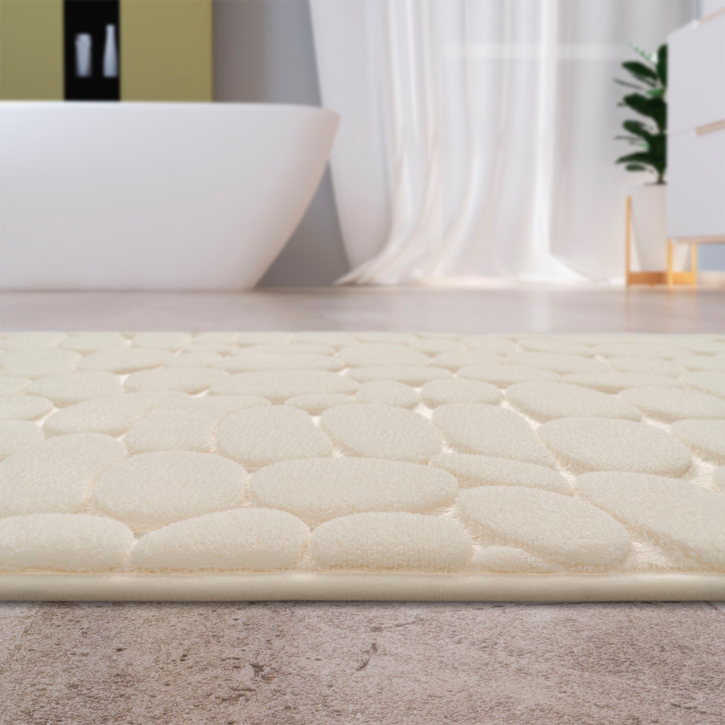 Badematte Corby 256 Paco Home, Höhe 13 mm, rutschhemmend beschichtet, fußbodenheizungsgeeignet, Polyester, rechteckig, Badteppich, Uni Farben, Motiv Steine, Hoch-Tief Effekt