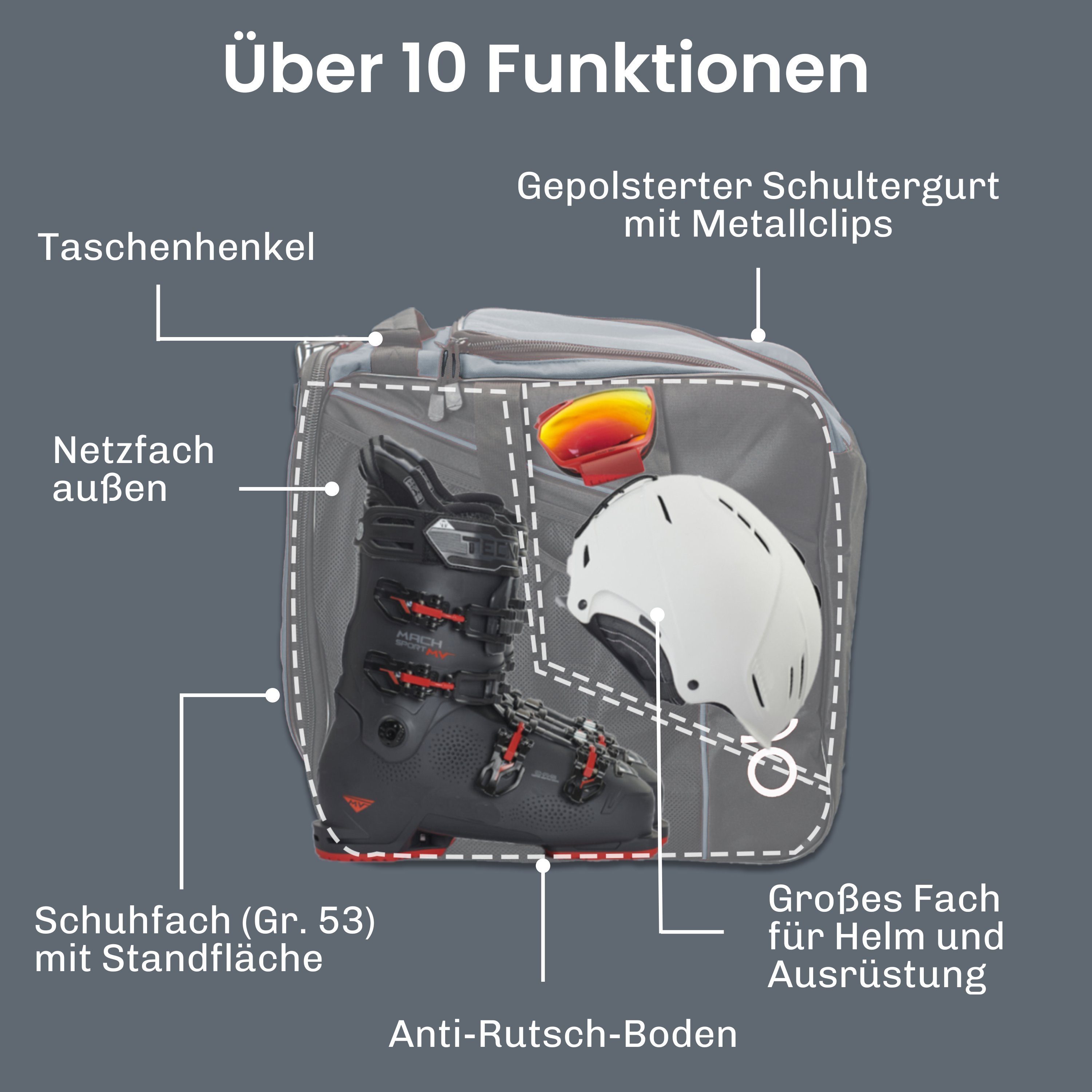Otaro Sporttasche Skischuhtasche mit Helmfach + Schultergurt, Classic 44L (Schutz für deine Ausrüstung, Perfekt durchdacht, ausklappbare Standfläche, für Skifahrer + Boarder)