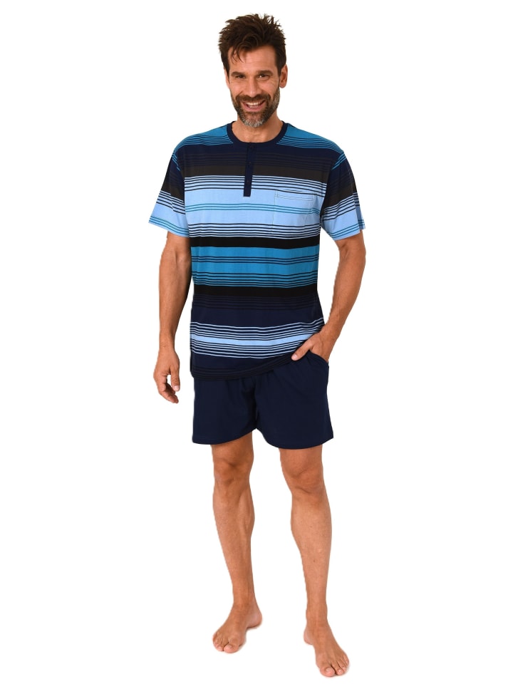 NORMANN Kurzarm Schlafanzug Pyjama Shorty Streifen in marine günstig kaufen