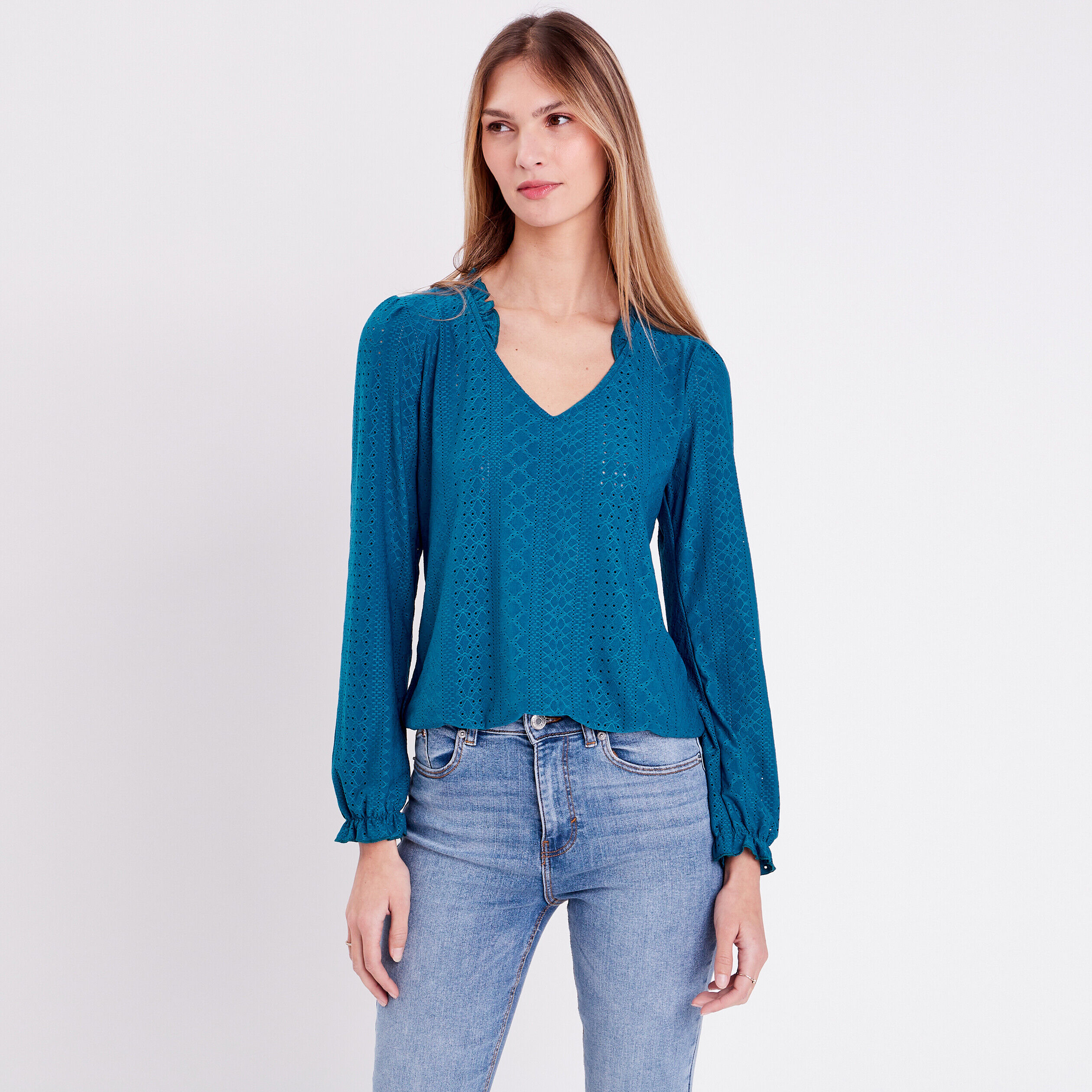 Blouse manches longues bleu canard femme | Cache Cache