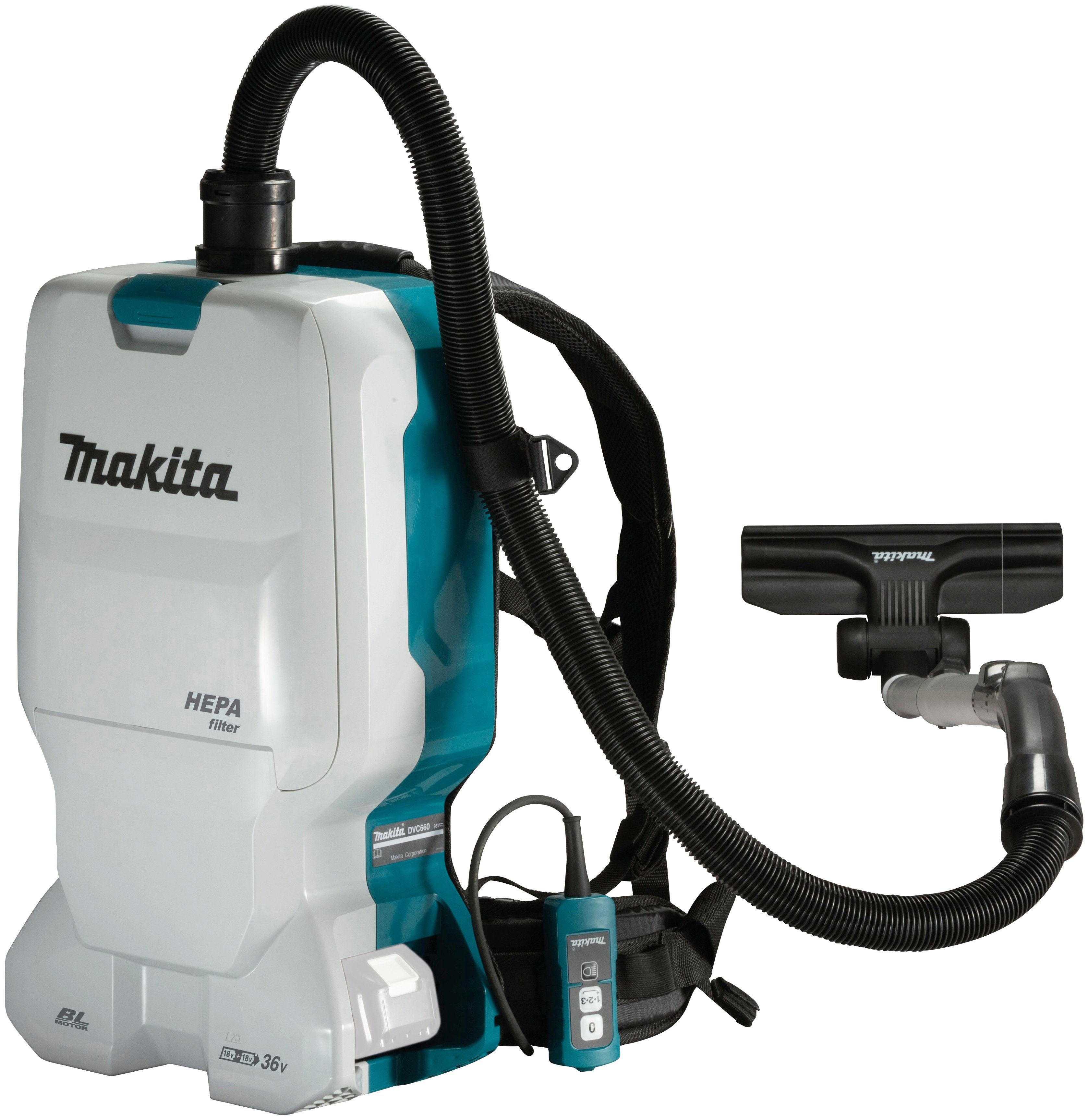 Makita Akku-Rucksackstaubsauger DVC660Z, 90 W, mit Beutel, ohne Akku und Ladegerät, Schlauchlänge 100 cm