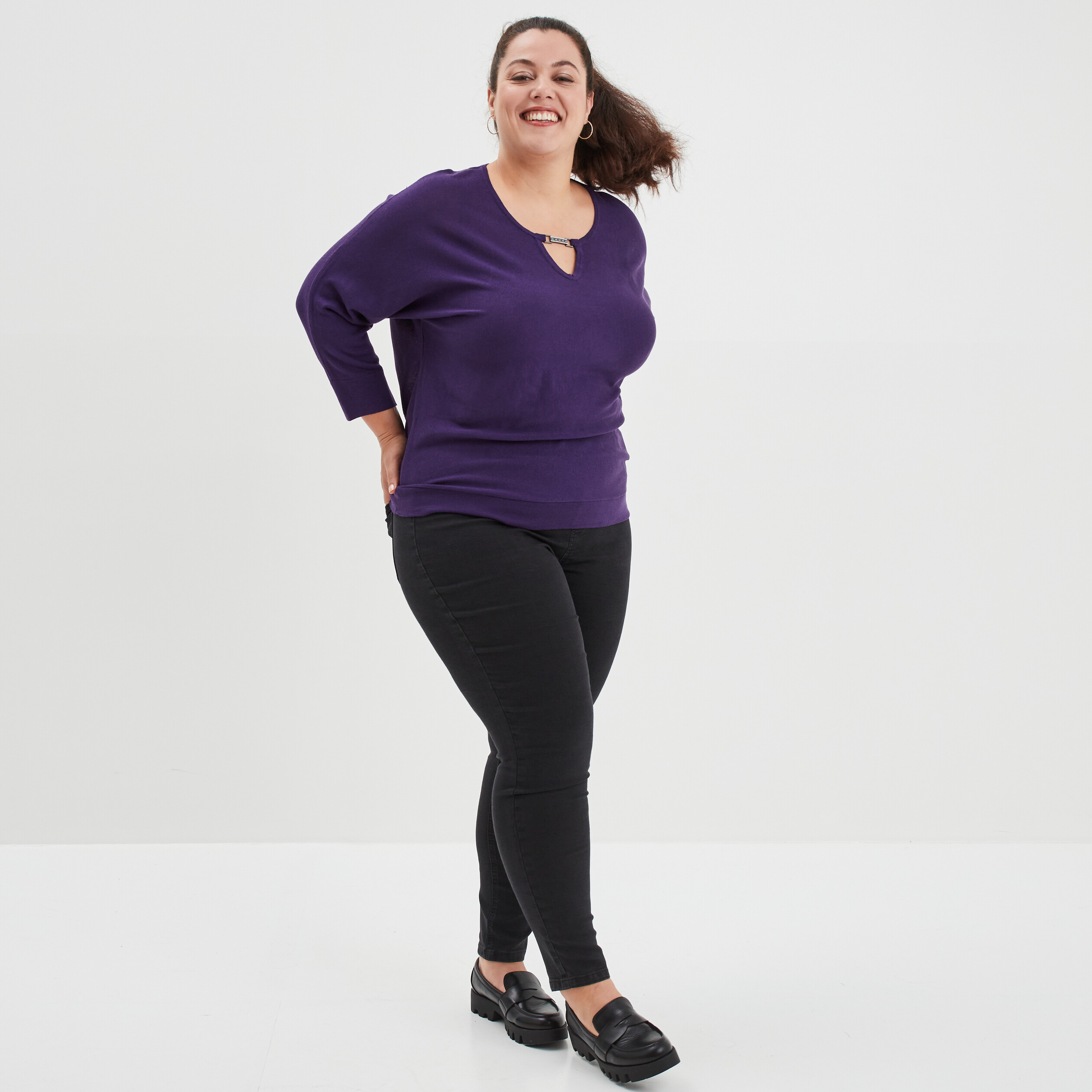Pull manches chauve-souris détail bijou violet femme grande taille | La Halle