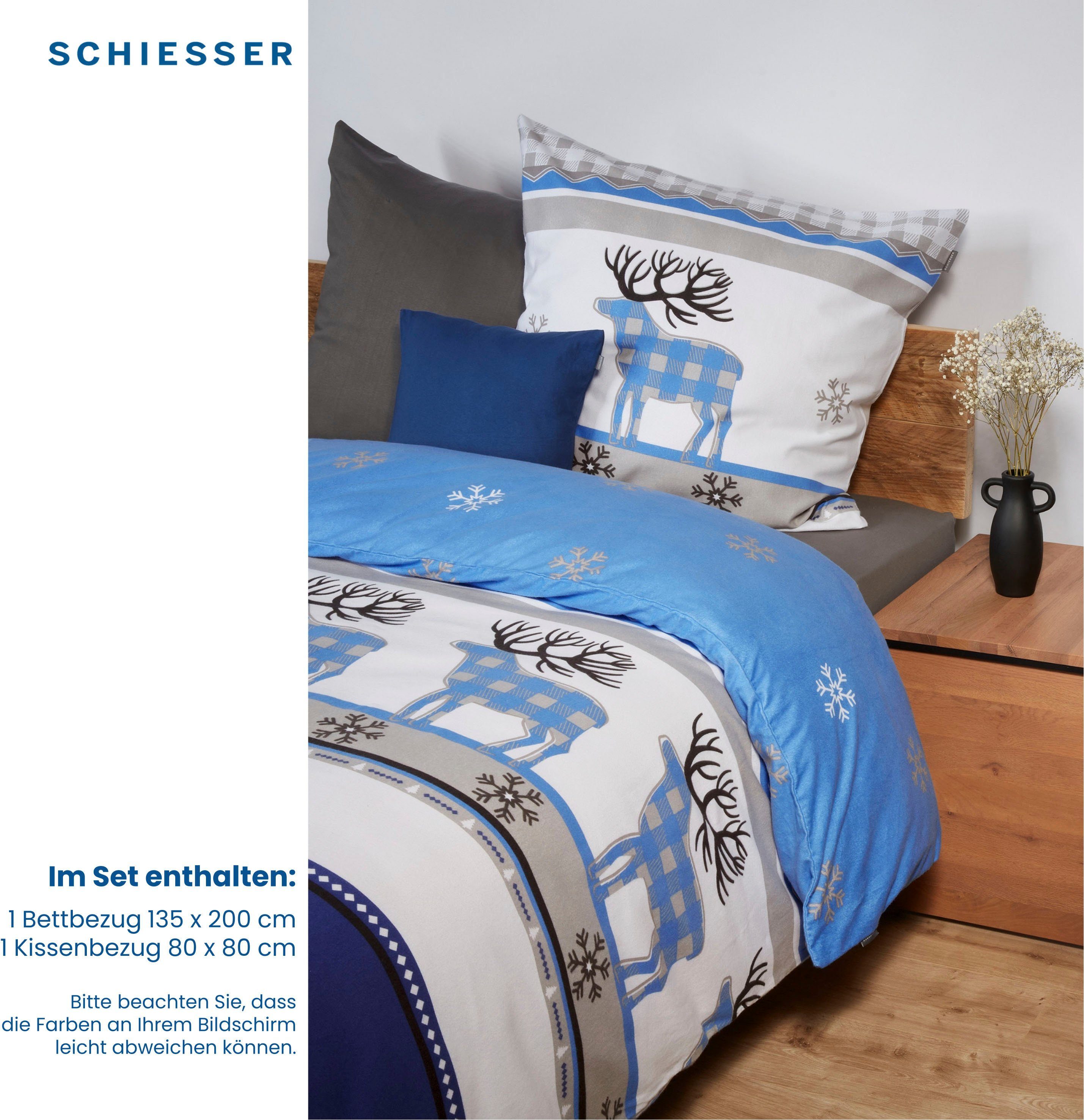 Bettwäsche Verda, Schiesser, Feinbiber, 2 teilig, winderliches Elch-Design