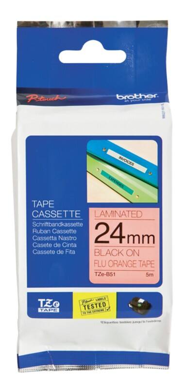 Brother TZe-B51 Authentic Floureszierend Schriftband Selbstklebend Schwarzer Druck auf Orange 24 mm x 5m