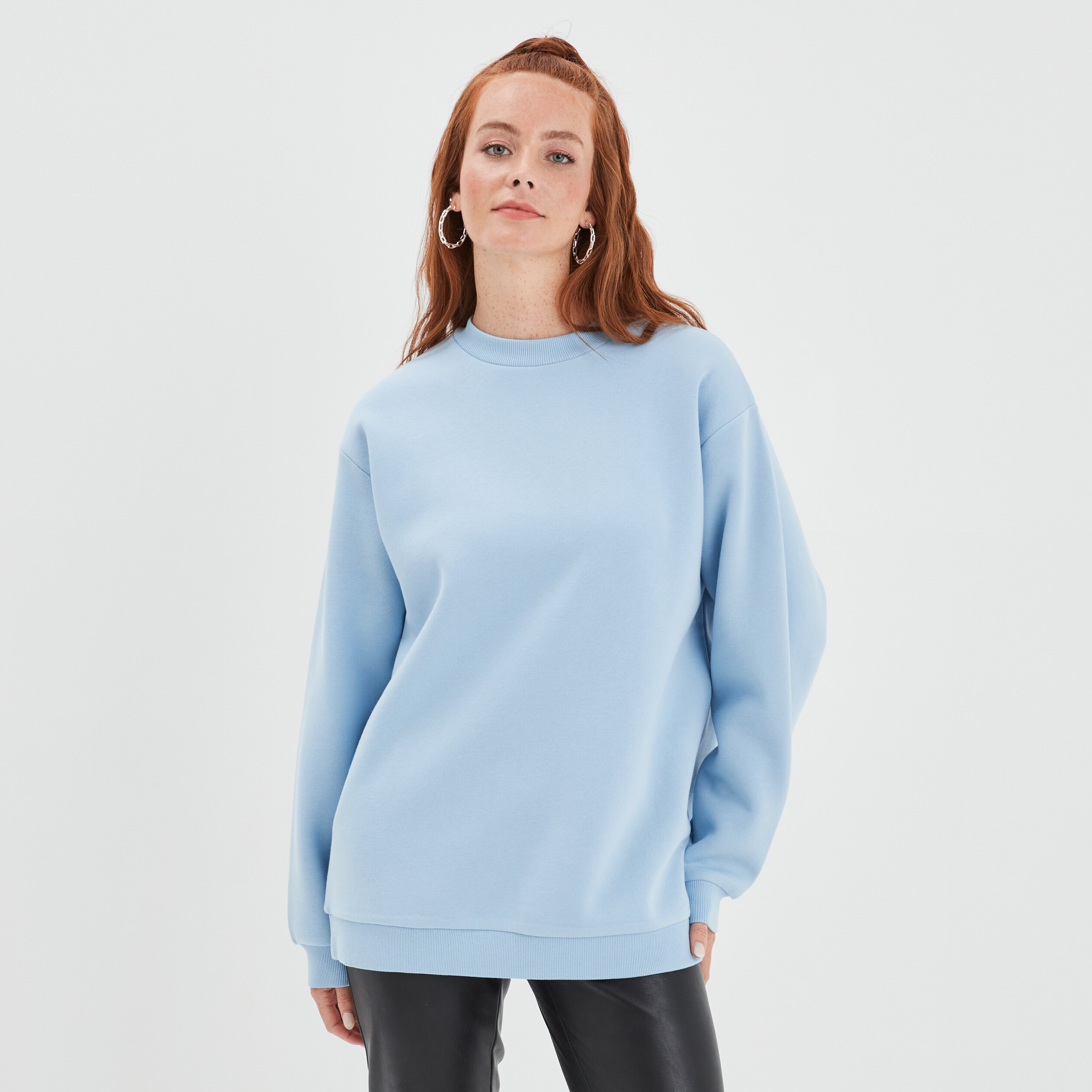 Sweat oversize mi-long col rond bleu gris femme | La Halle