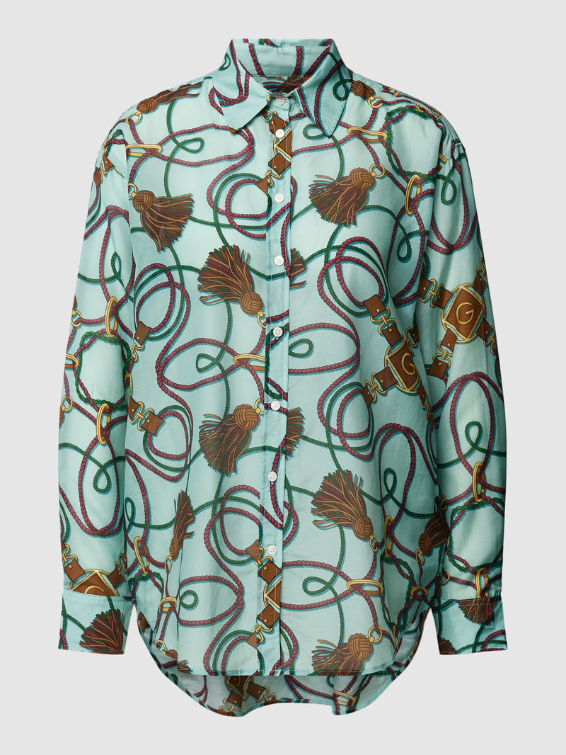 Bluse aus Baumwoll-Seide-Mix mit Allover-Muster in aqua blau