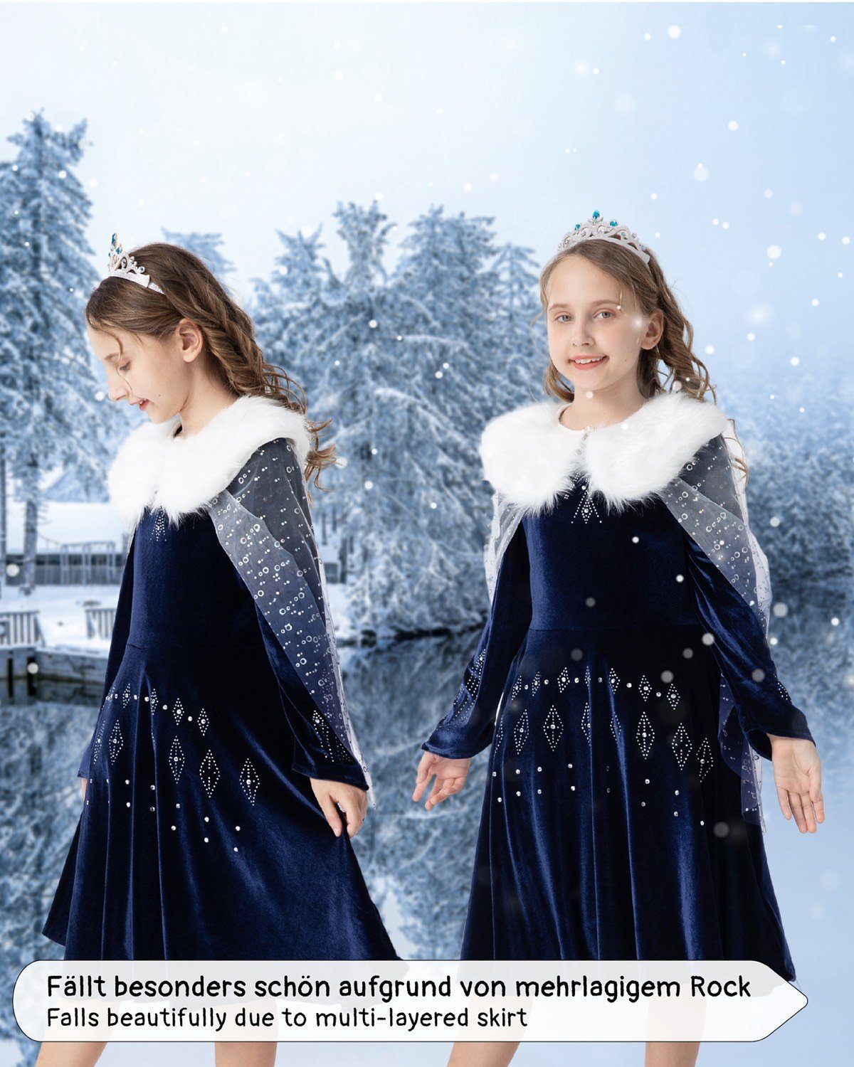 Corimori Prinzessin-Kostüm Elastisches Stella Eiskönigin Kostüm Kleid, mit Tattoos & Diadem, Prinzessinenkleid für Fasching, dunkel-blau