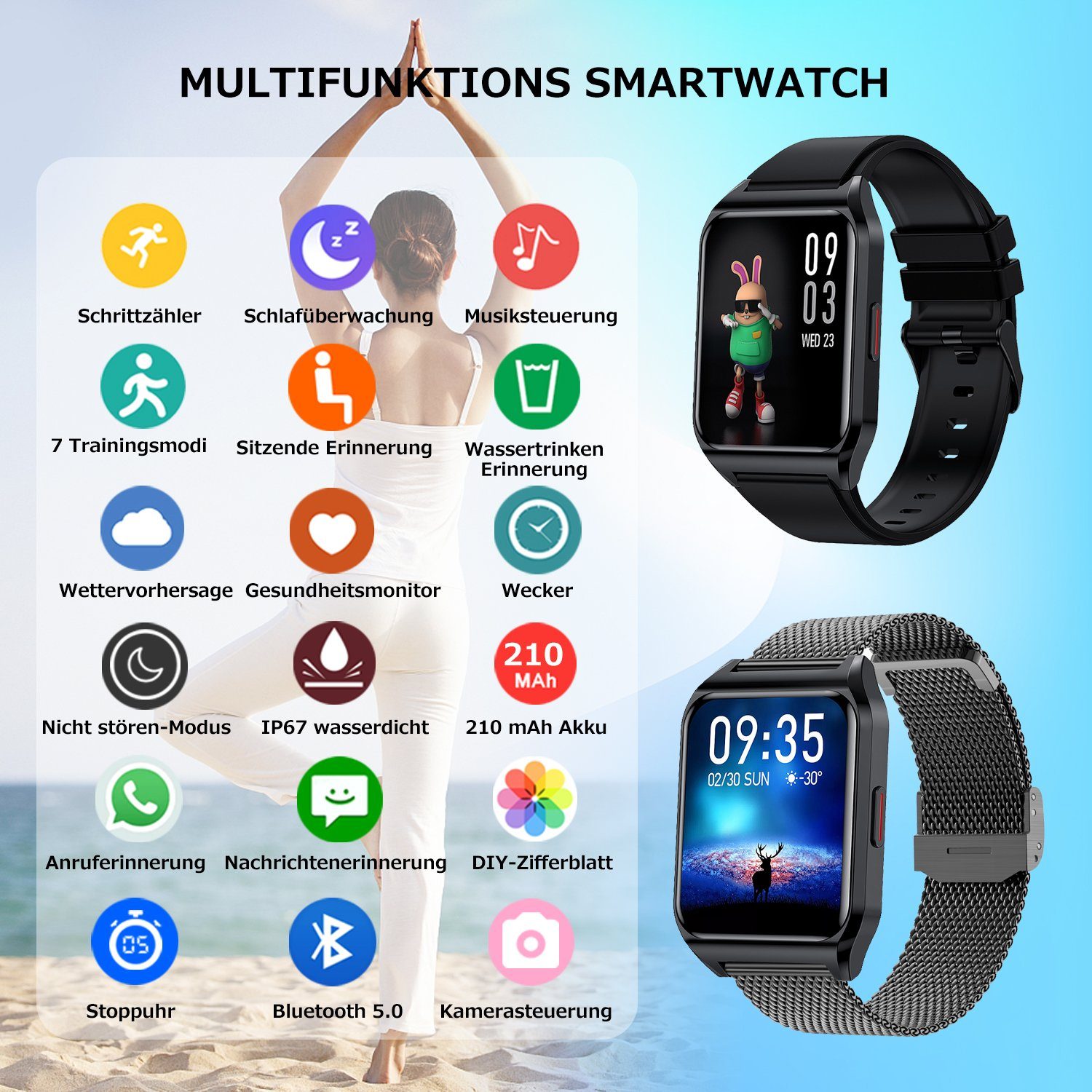 Mutoy Smartwatch, Fitness Tracker Uhr mit Anruffunktion für Damen Herren Smartwatch (1,69 Zoll HD Voll Touchscreen Zoll), mit Wechselband aus wechem Silikon und Milanaise Uhrenarmbänder, inkl.Ladestation(magneitsches Ladekabel), Herzfrequenz-Sensor