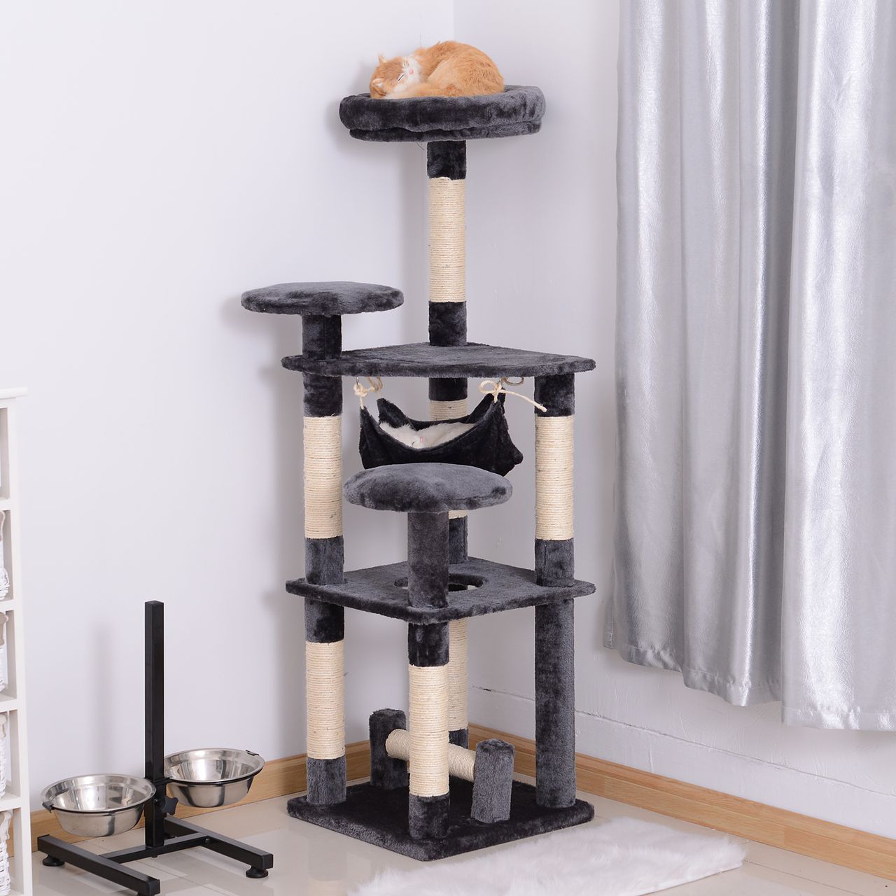 PawHut Katzenbaum Katzenkratzbaum Katzen Kletterbaum Kratzbaum Hängematte Grau L40 x B40 x H132 cm