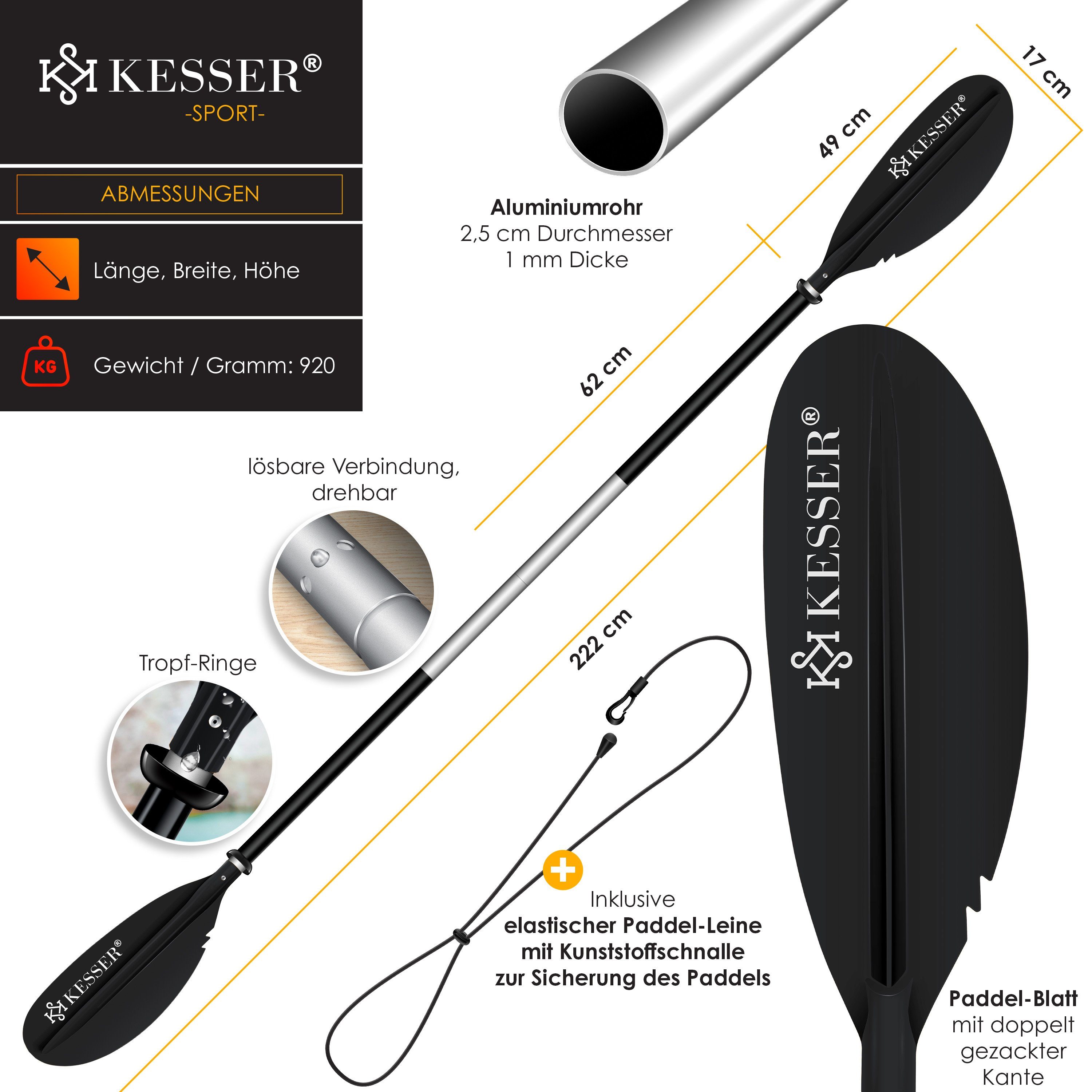 KESSER SUP-Paddel, Paddle Doppelpaddel 4-teilig für Kanu Kayak SUP Stand-Up