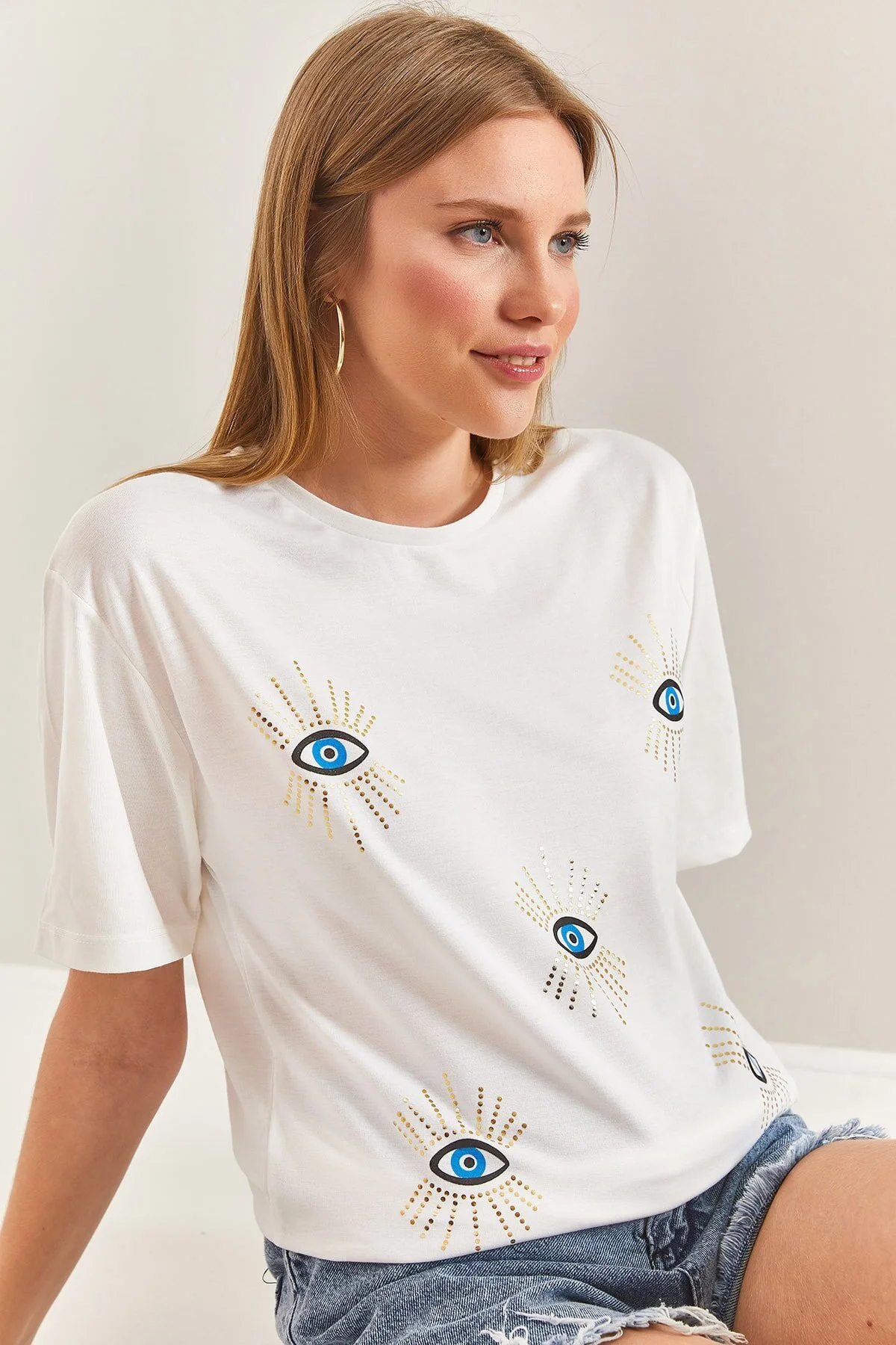 Bianco Lucci  Damen-T-Shirt aus gekämmter Baumwolle mit Augenmuster