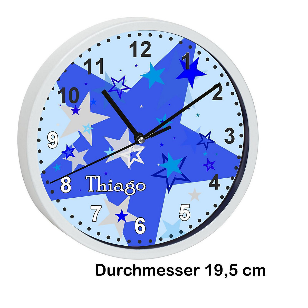 Kinder Wanduhr personalisiert mit Name Sternenhimmel Blau Grau