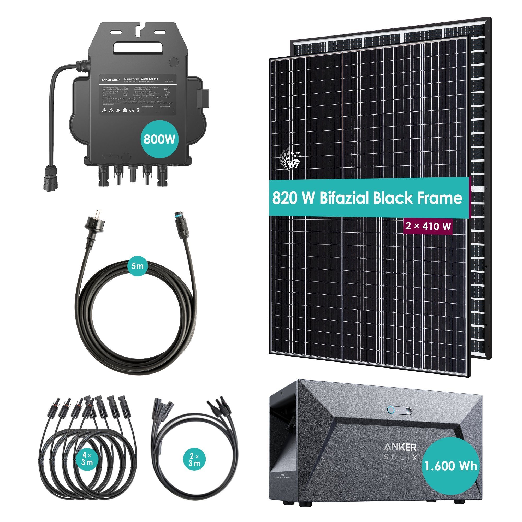 VALE Solaranlage Balkonkraftwerk 820W mit Speicher, (2 x 410W Bifaziale Black Frame Glas-Glas Maysun MS410MDG-40H TwiSun Module, Anker MI80 800W Wechselrichter, Anker 1,6kWh Batteriespeicher, 4 x 3m MC4 Kabel, 2 x 3m MC4 Y-Kabel, 5m Anschlusskabel)