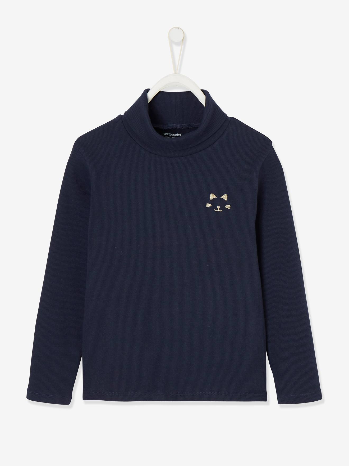 T-shirt col roulé Basics fille motif chat irisé poitrine gris chiné