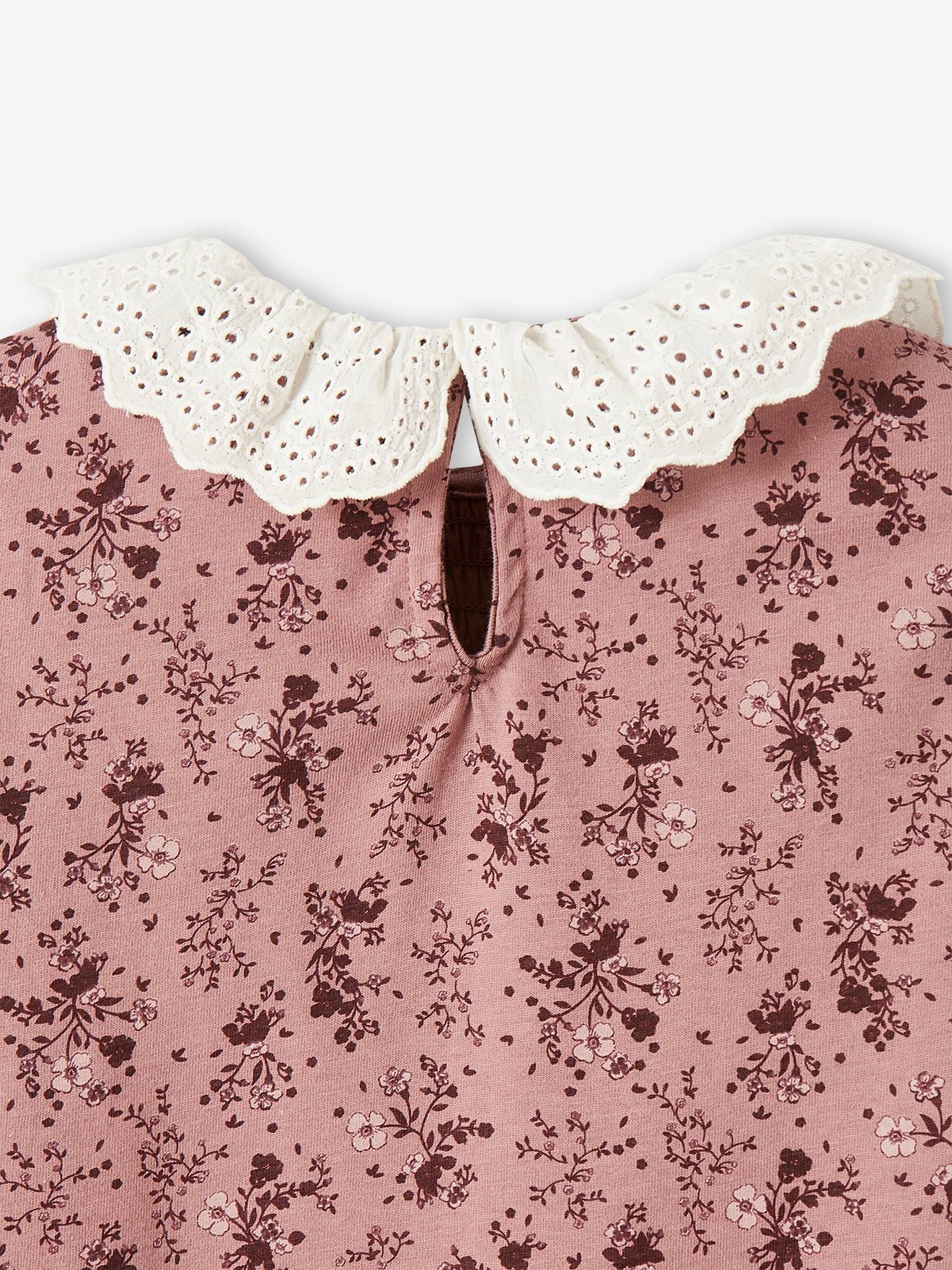 T-shirt blouse col en broderie anglaise fille marine rayé