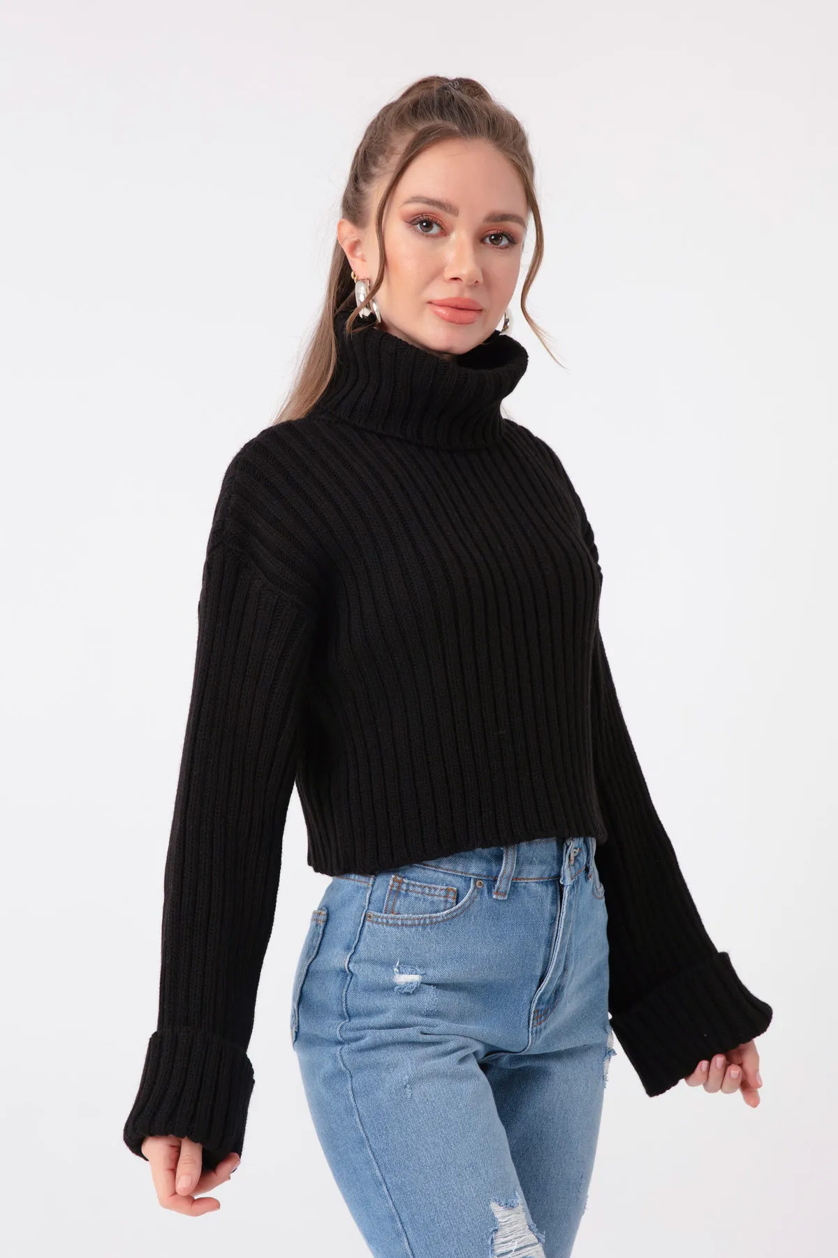 Lafaba  Schwarzer, breiter, gerippter Rollkragenpullover für Damen