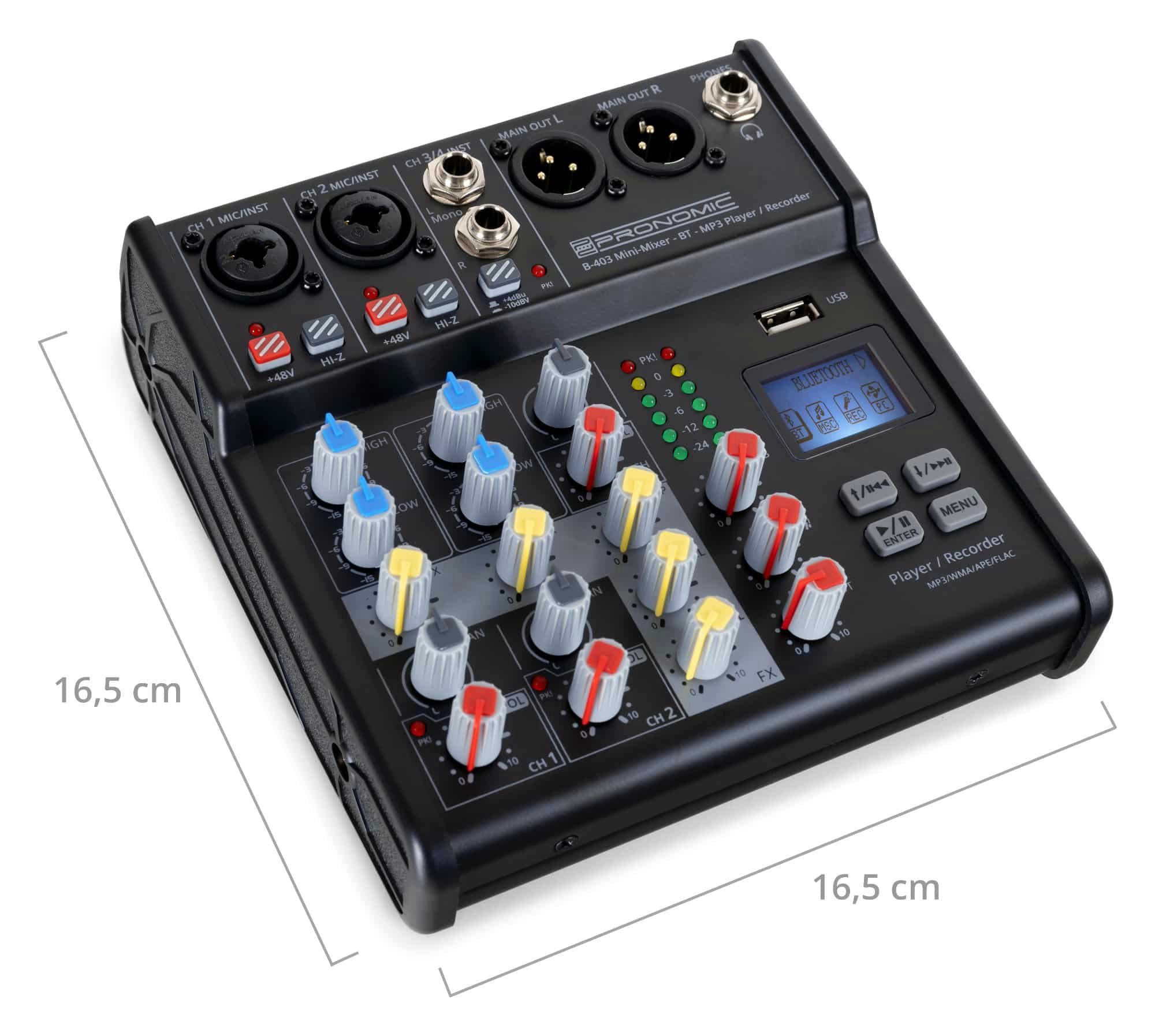 Pronomic Mischpult B-403 4-Kanal Mini-Mixer - Live/Studio DJ Mixer, mit Bluetooth und USB-Recording