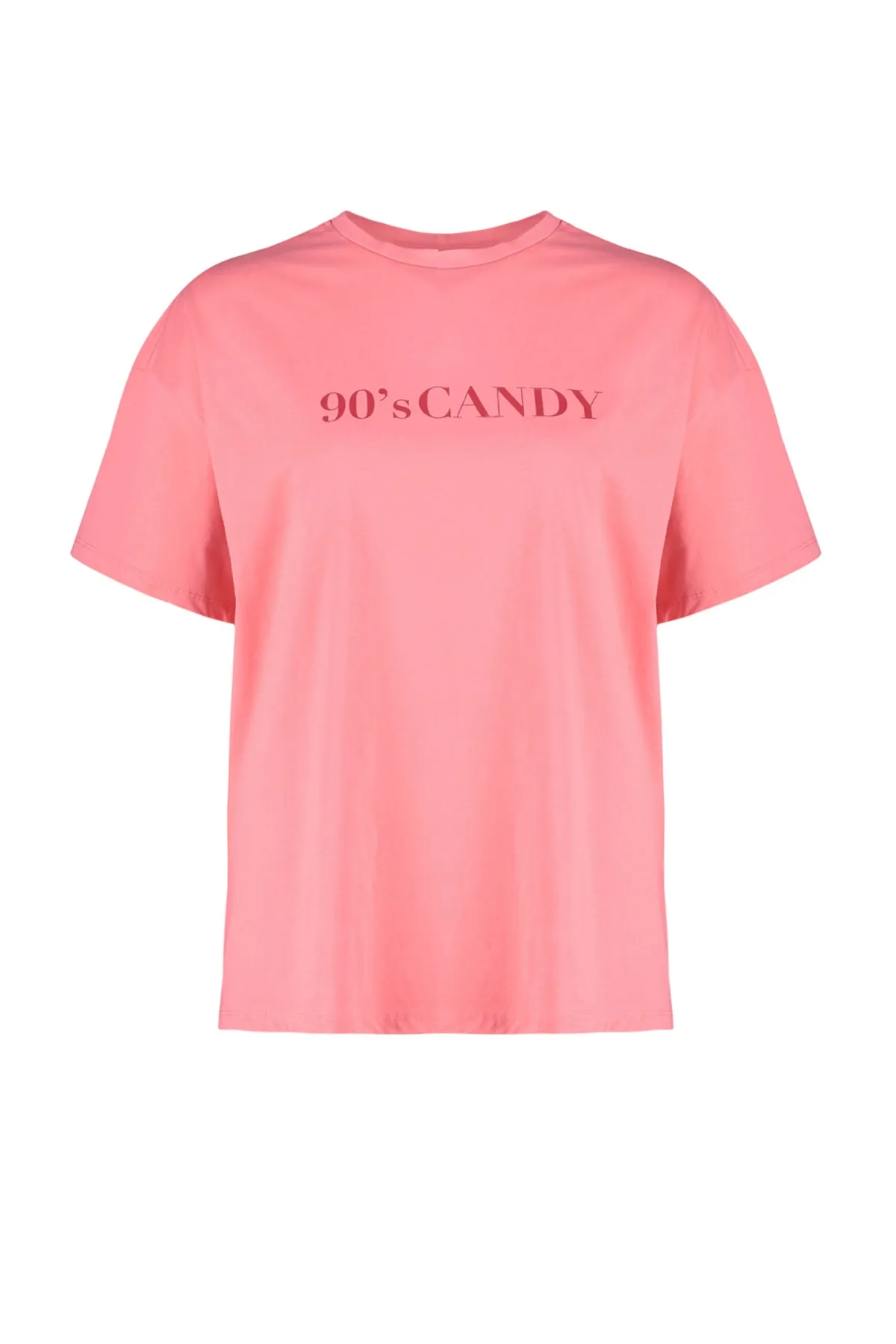 Trendyol Curve  Rosafarbenes, weit geschnittenes, bedrucktes Strick-T-Shirt mit Rundhalsausschnitt TBBSS23BF00015