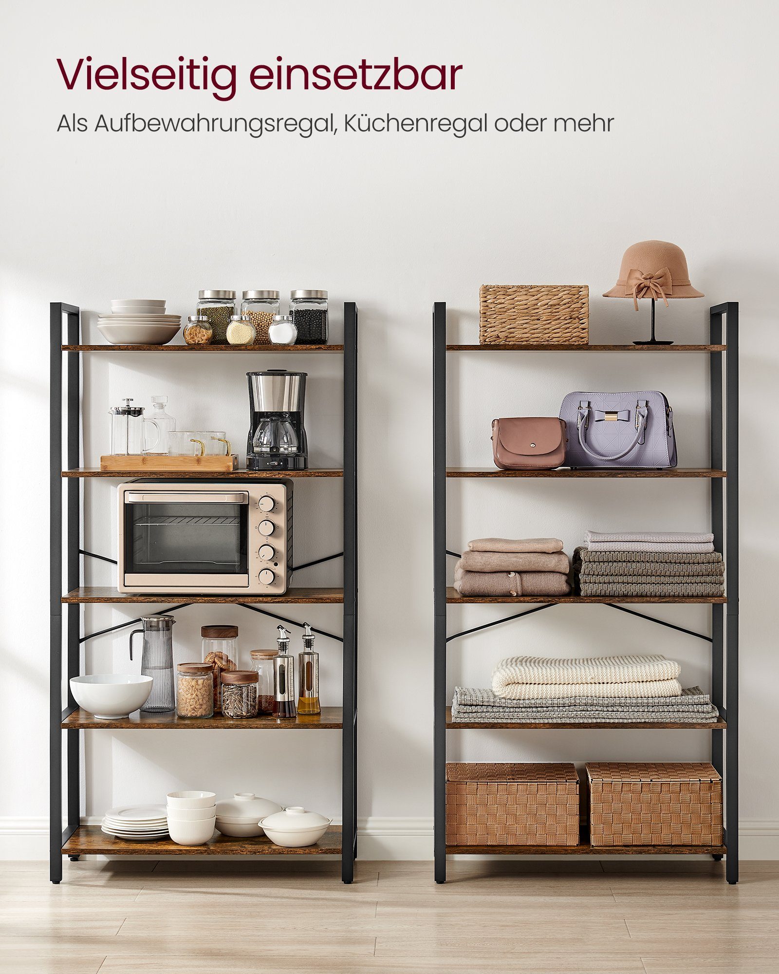 VASAGLE Bücherregal Standregal, 120/153/186 cm, mit 4/5/6 Ebenen