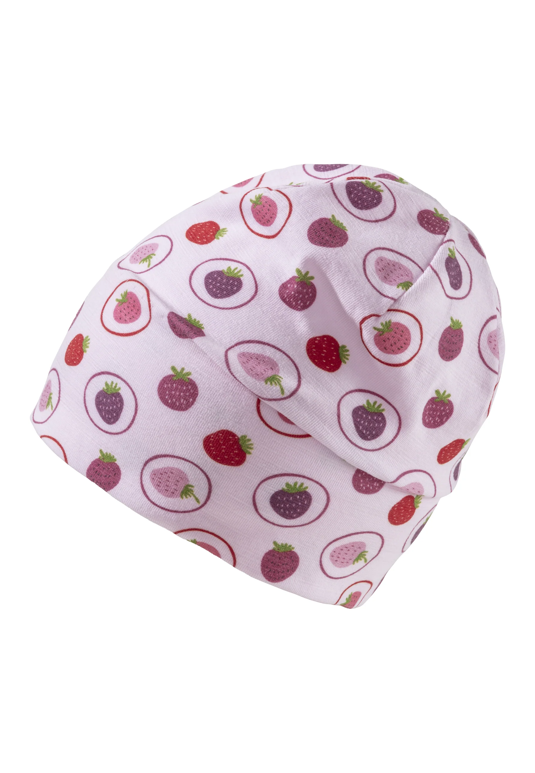 Beanie bedruckt mit vielen kleinen Erdbeeren in rosa