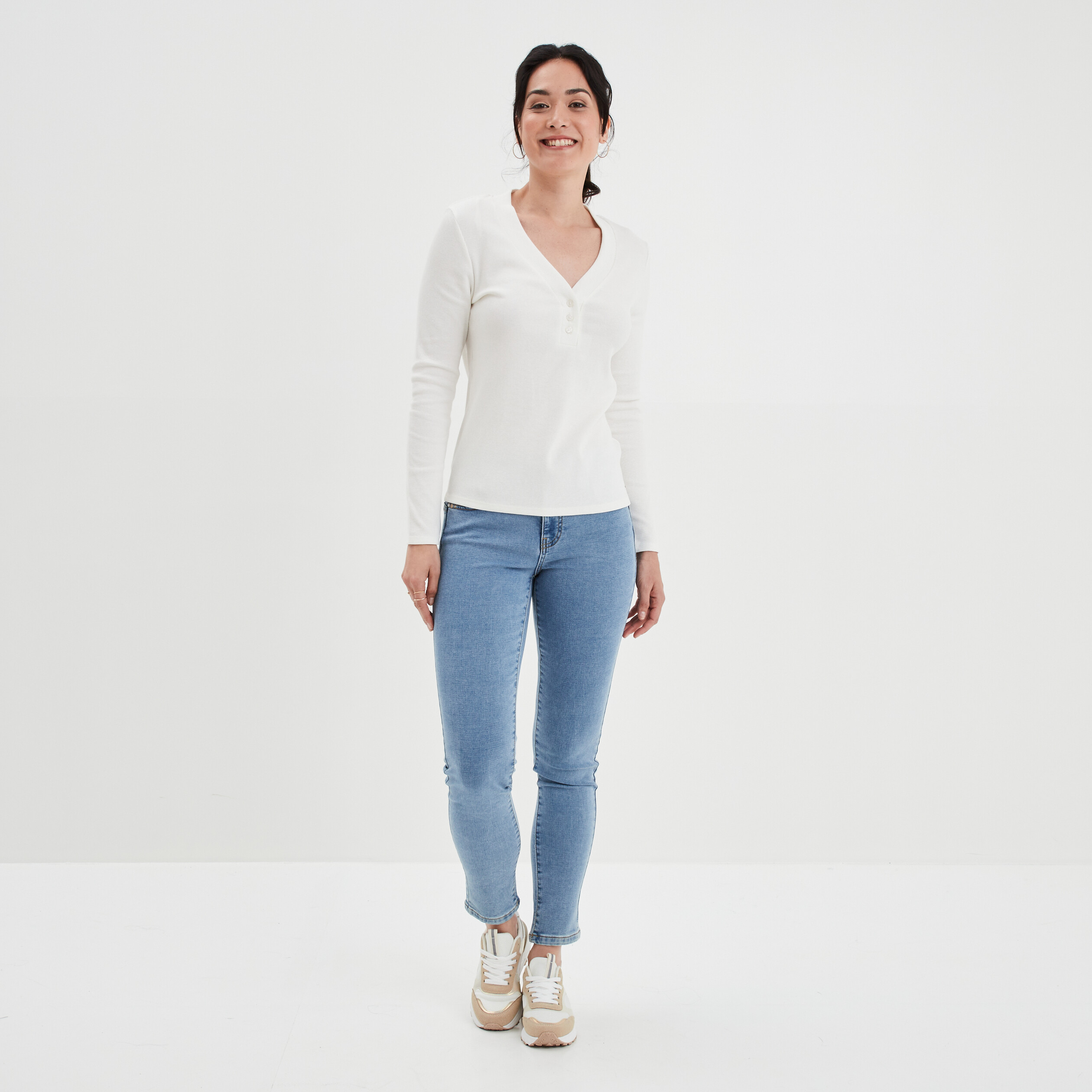 T-shirt côtelé col tunisien Creeks blanc femme | La Halle
