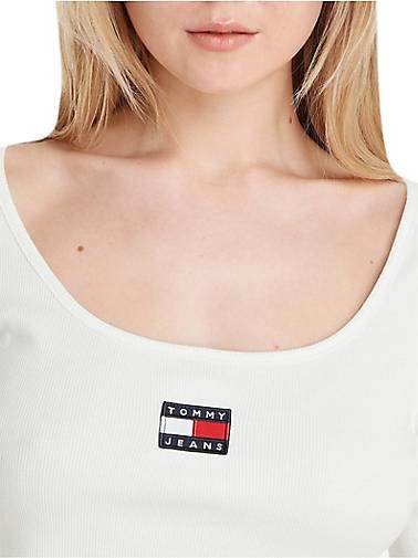 TOMMY-JEANS Damen Crop Top TJW CROP RIB CENTER BADGE LS Langarm