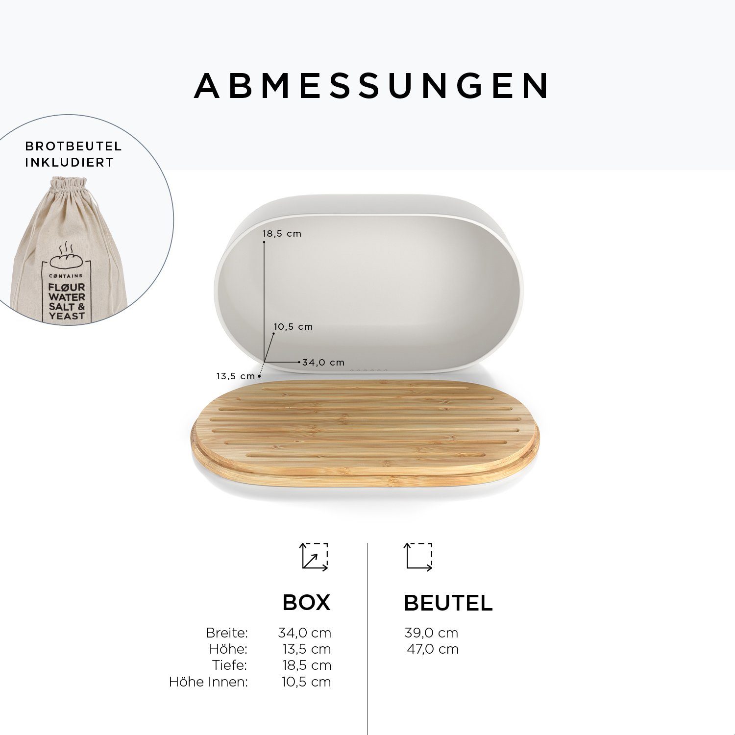 LARS NYSØM Brotkasten Ægte, 18/8 Edelstahl, Metallbrotbox mit Brotsack und Bambusschneidebrett