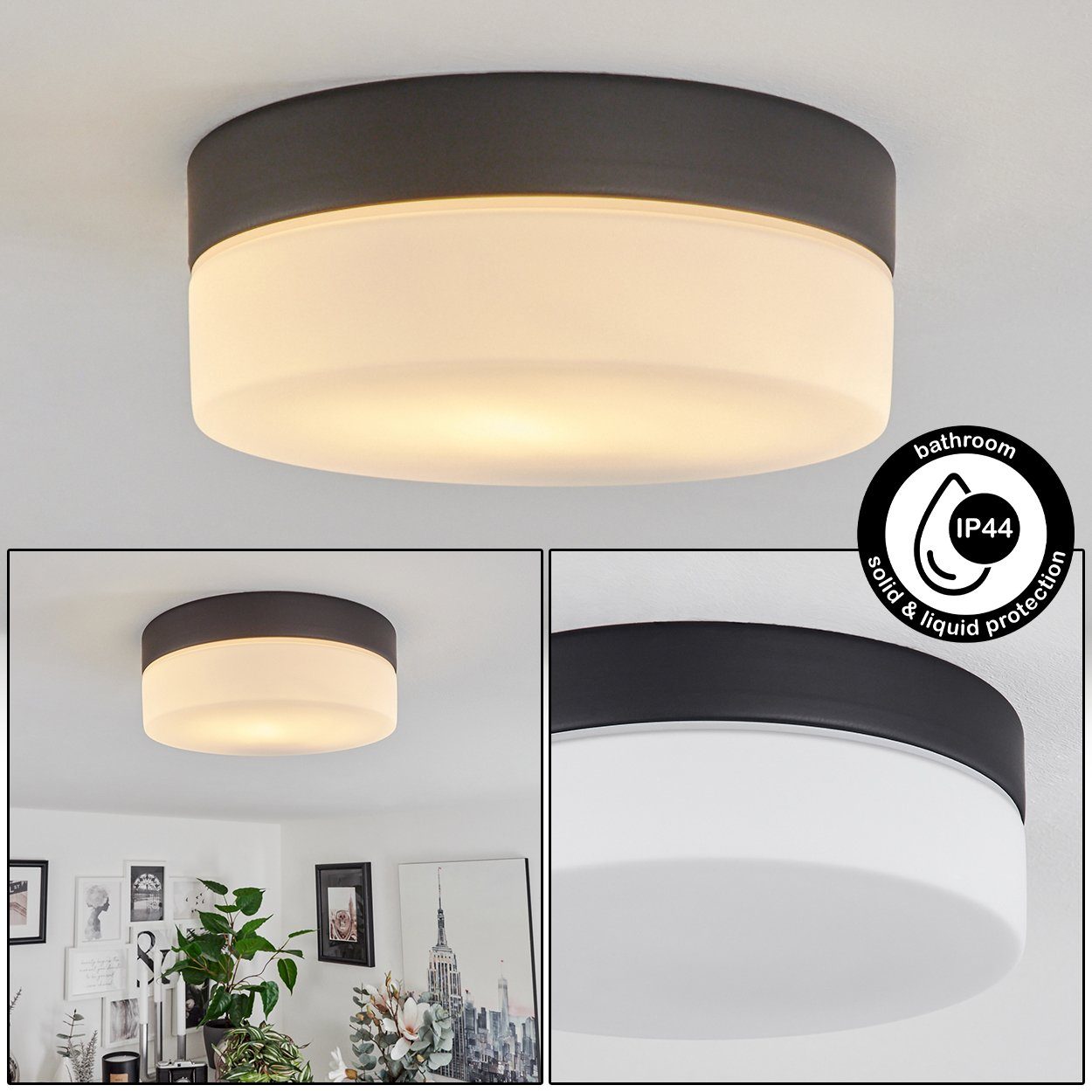 hofstein Deckenleuchte Sospirold aus Aluminium/Glas in Schwarz/Weiß, ohne Leuchtmittel, runde Deckenlampe, E27, IP44
