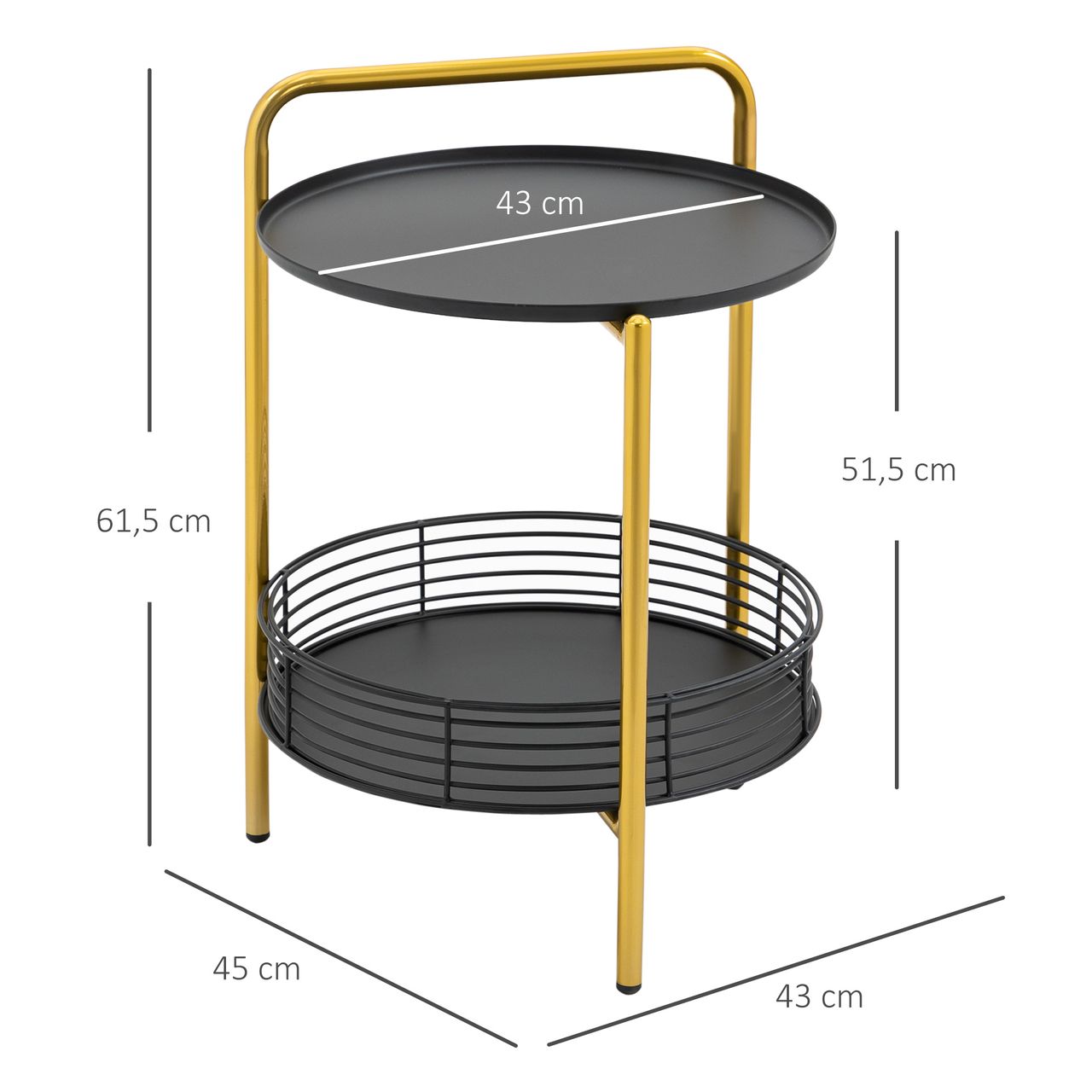 HOMCOM Beistelltisch 2-in-1 Design Rund Nachttisch Couchtisch mit Ablagen Serviertablett Industrie-Design Sofatisch Kaffeetisch für Schlafzimmer Wohnzimmer Stahl Schwarz Gold 43 x 45 x 61,5 cm