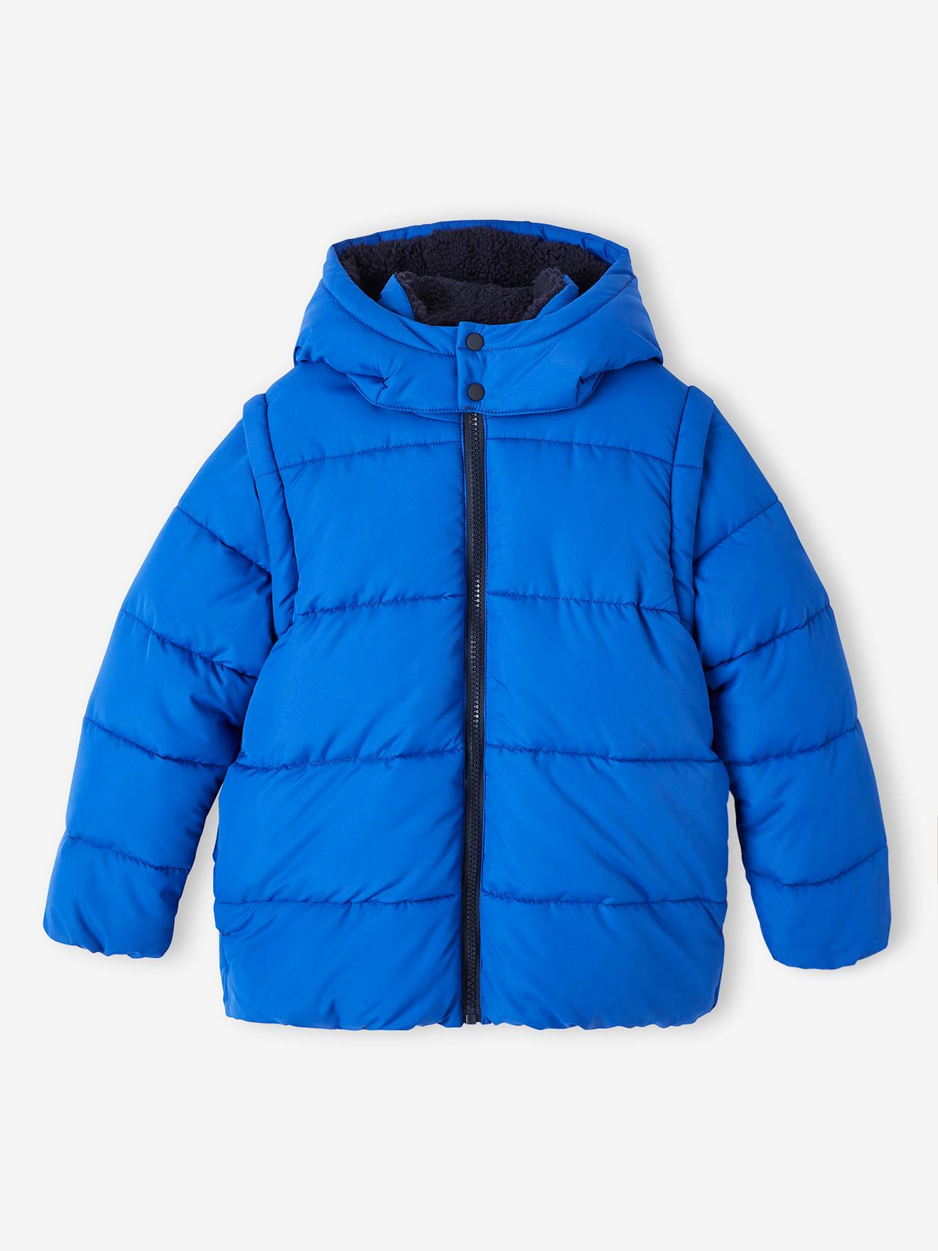 Doudoune capuche et manches amovibles garçon doublée polaire bleu électrique