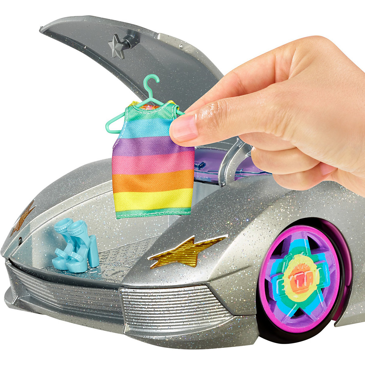 Barbie Extra Auto Cabrio (glitzert) mit Regenbogen Reifen, Zubehör