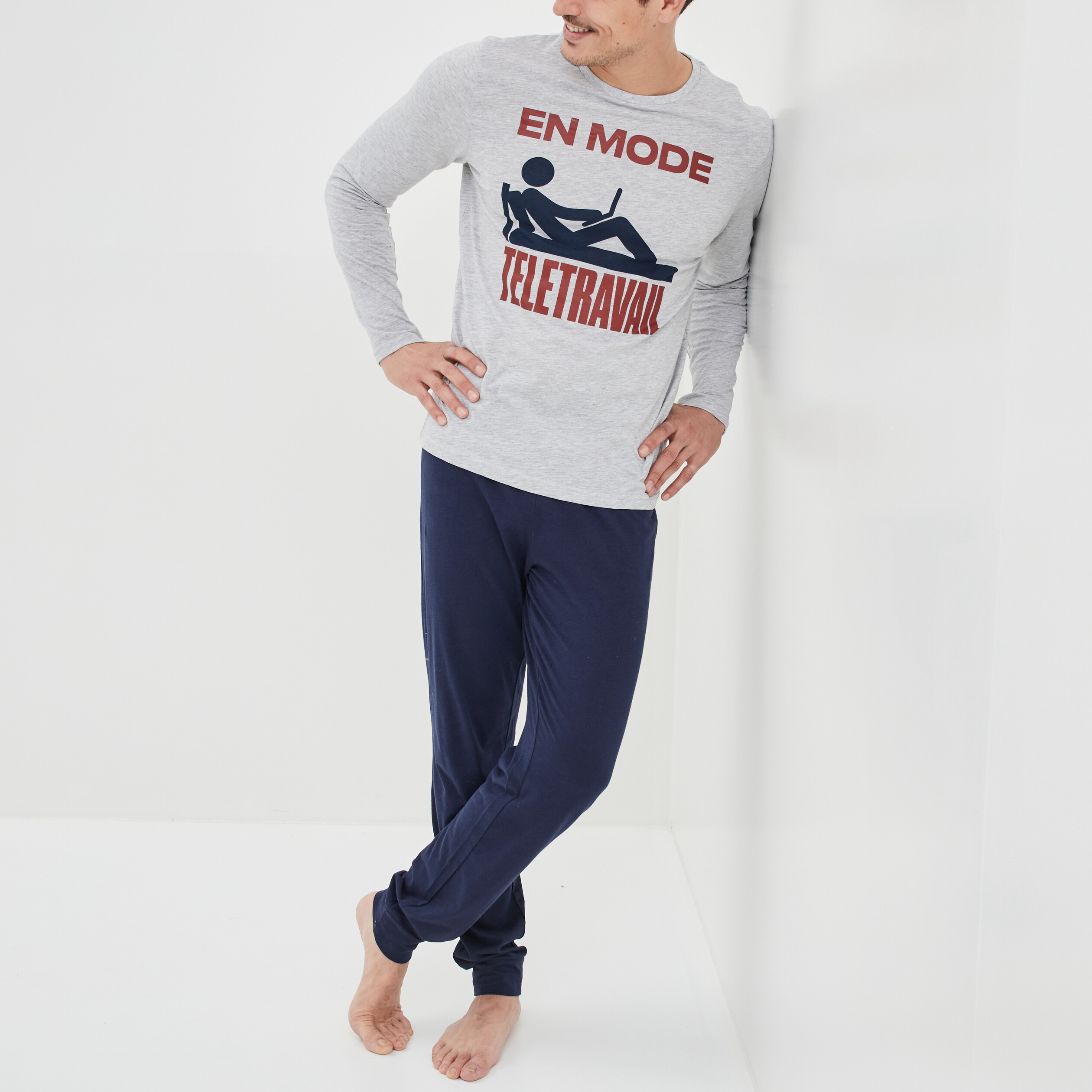 Ensemble pyjama pantalon 2 pièces bleu marine homme | La Halle