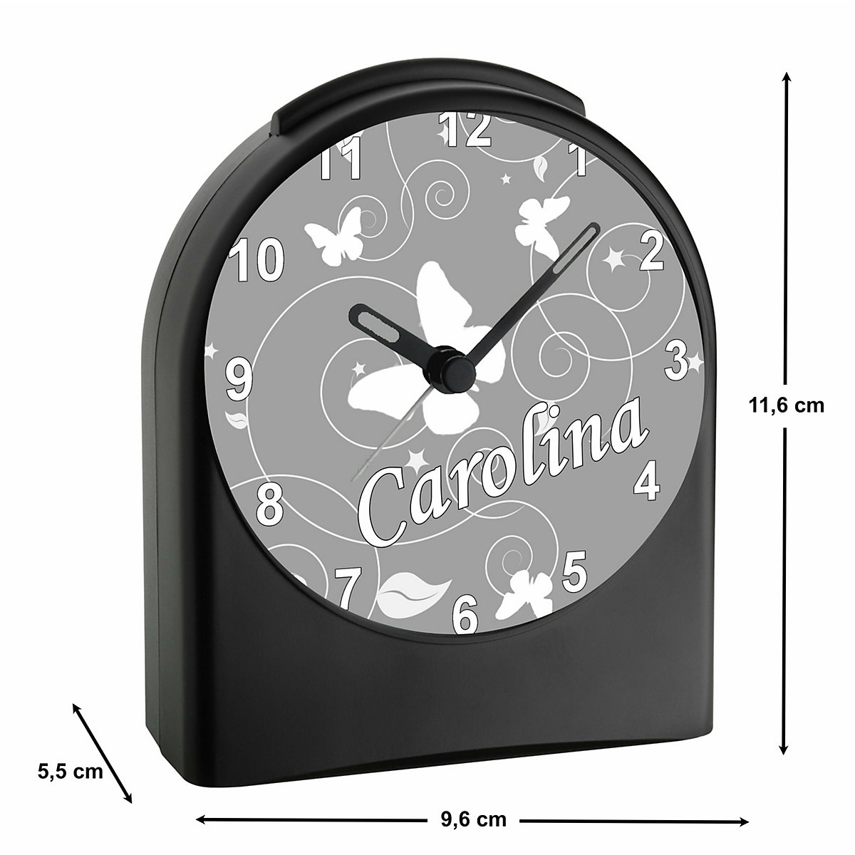 Kinder Funkwecker personalisiert mit Namen Schmetterling Ornamente Atom-/Funkuhr, 12-Stunden-Anzeigeformat, Schlummerfunktion, Nachtlicht, Geräuschlos/Ohne Ticken