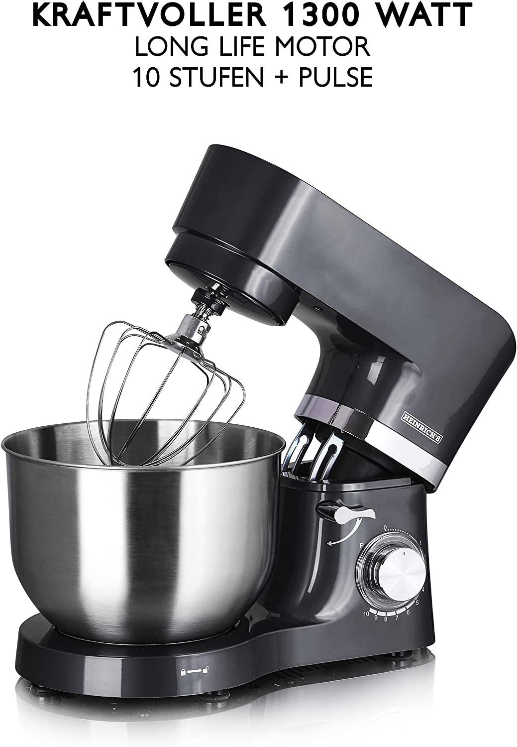 Heinrich´s Multifunktions-Küchenmaschine HKM 6278, 1300 W, 6,20 l Schüssel, XL 6,2L Edelstahlschüssel mit Spritzschutz, 3 Aufsätze, 11 Stufen