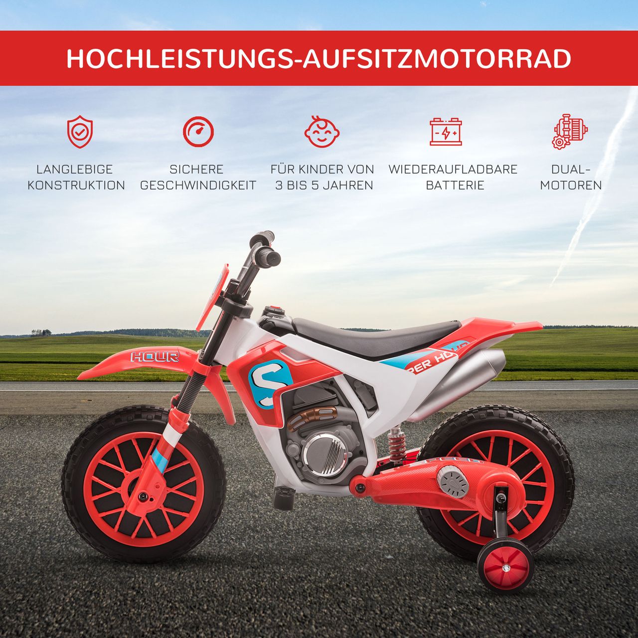 HOMCOM Elektromotorrad Kindermotorrad Kinderfahrzeug Elektrofahrzeug mit 2 abnehmbaren Stützrädern für Kinder ab 3 Jahren PP Metall Rot Weiß 106,5 x 51,5 x 68 cm