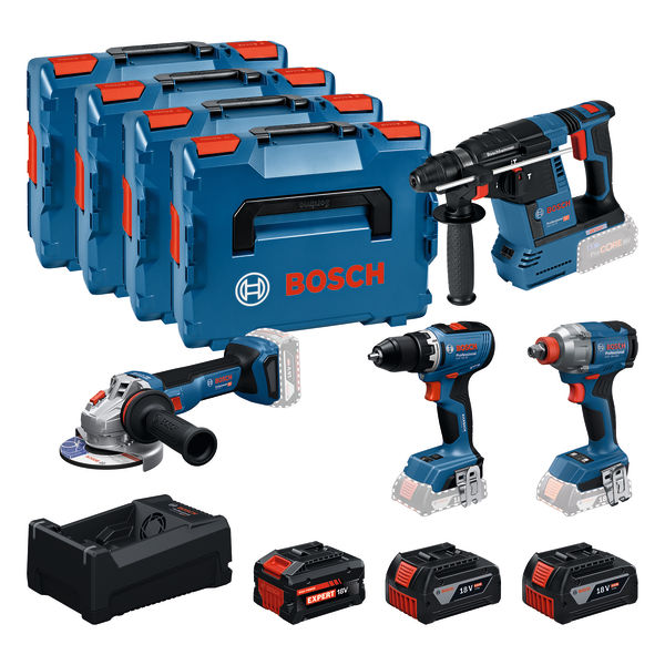 Coffret d'outils sans fil Bosch Blue 0615A500BJ (4 outils 18 V) : GSR 18V-65, GDX 18V-285, GBH 18V-26, GWS 18V-11, 2 batteries GBA 5,0 Ah et 1 batterie EXBA 5,5 Ah avec chargeur, GAL 12 V/18 V-80 (boîte L).