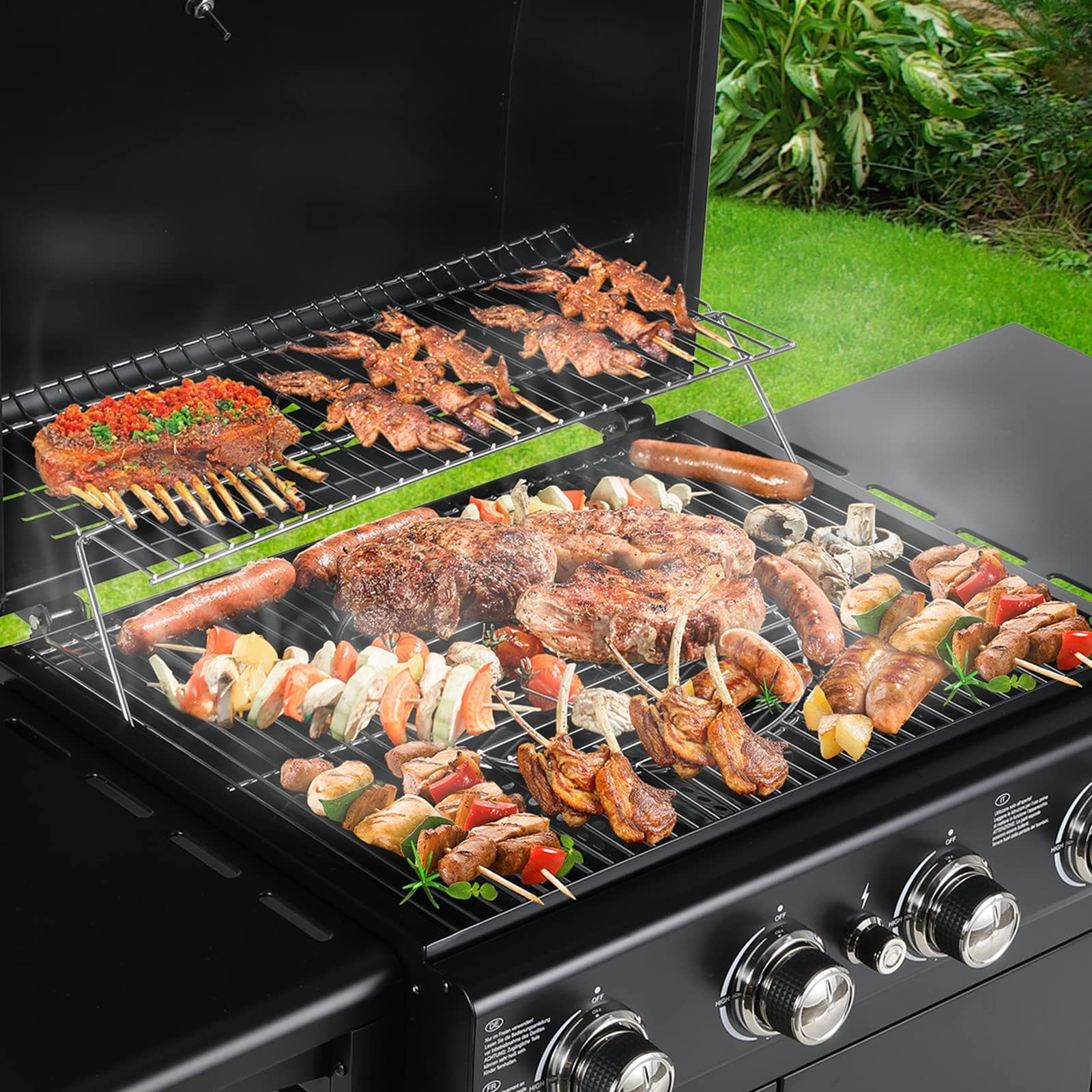 Femor Gasgrill, 4 Brenner Gasgril BBQ Grillwagen mit Thermometer Große Grillfläche