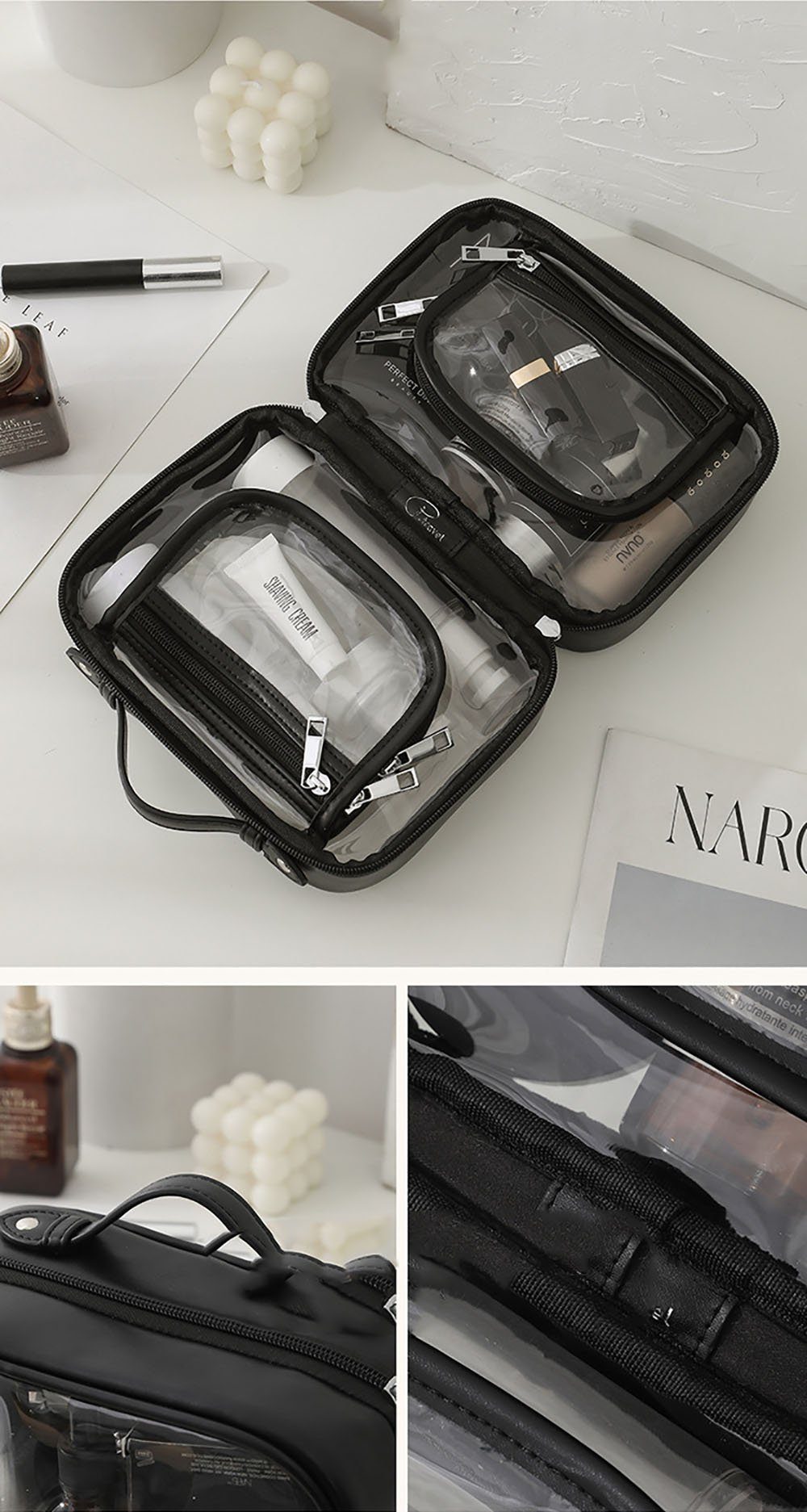 Runxizhou Kosmetikkoffer Transparent Kosmetiktasche,Doppelte Lage Reise Kulturbeutel(Schwarze) (1-tlg)