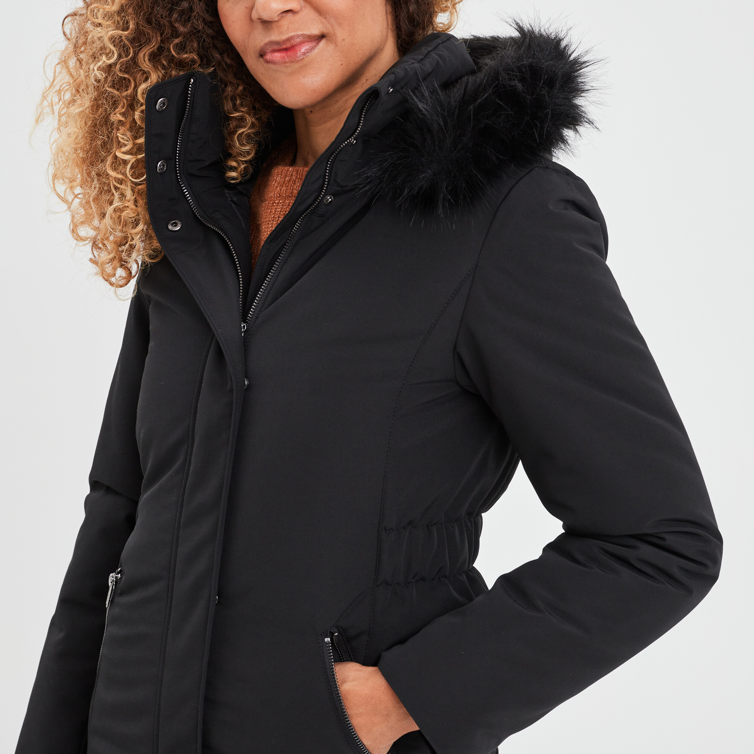 Parka mi-longue à capuche fourrure noir femme | La Halle