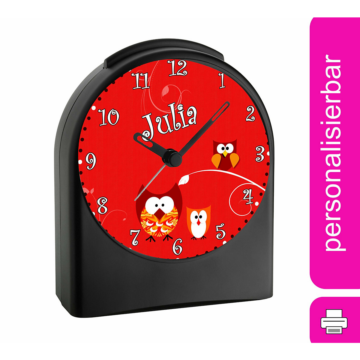 Kinder Funkwecker personalisiert mit Namen Eule Atom-/Funkuhr, 12-Stunden-Anzeigeformat, Schlummerfunktion, Nachtlicht, Geräuschlos/Ohne Ticken