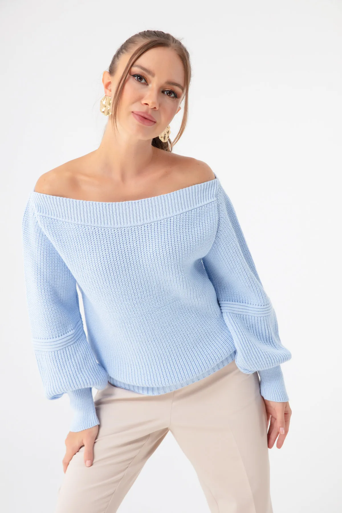 Lafaba  Babyblauer Damenpullover mit U-Boot-Ausschnitt