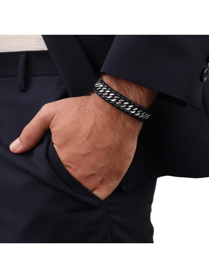 JOOP! Armband Edelstahl, Leder in Schwarz günstig kaufen 21,5 cm