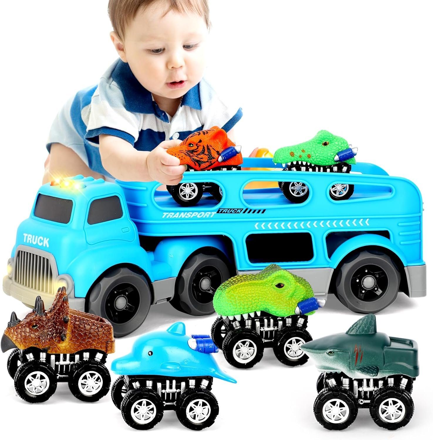 Wenta Spielzeug-LKW Kinder Spielzeugauto-Set mit Musik & Licht, (7-tlg., Spielzeug LKW mit 6 Dinosaurier Autos), Transportwagen Spielzeug für Kinder von 3-5 Jahren