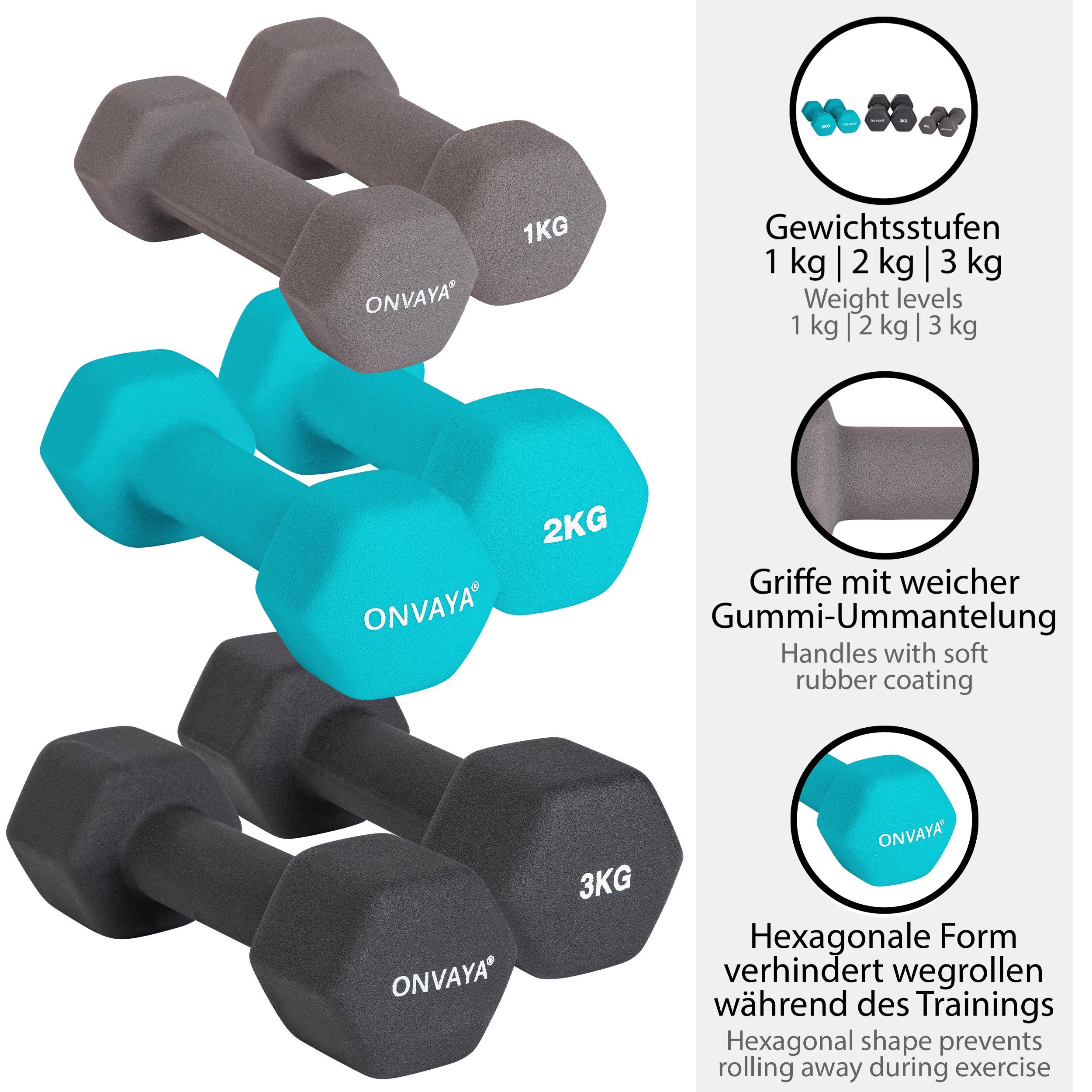 ONVAYA Hantel Kurzhanteln (1/2/3 kg), Gummierte Hexagon Hanteln, Set mit Ständer