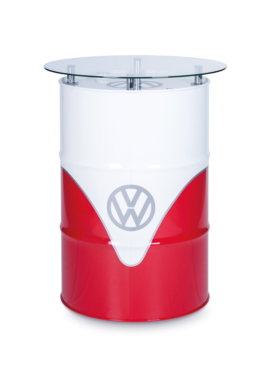 VW Collection by BRISA Stehtisch Vintage Volkswagen Beistelltisch im T1 Bulli Design, pflegeleichtes Dekofass in weiß & rot