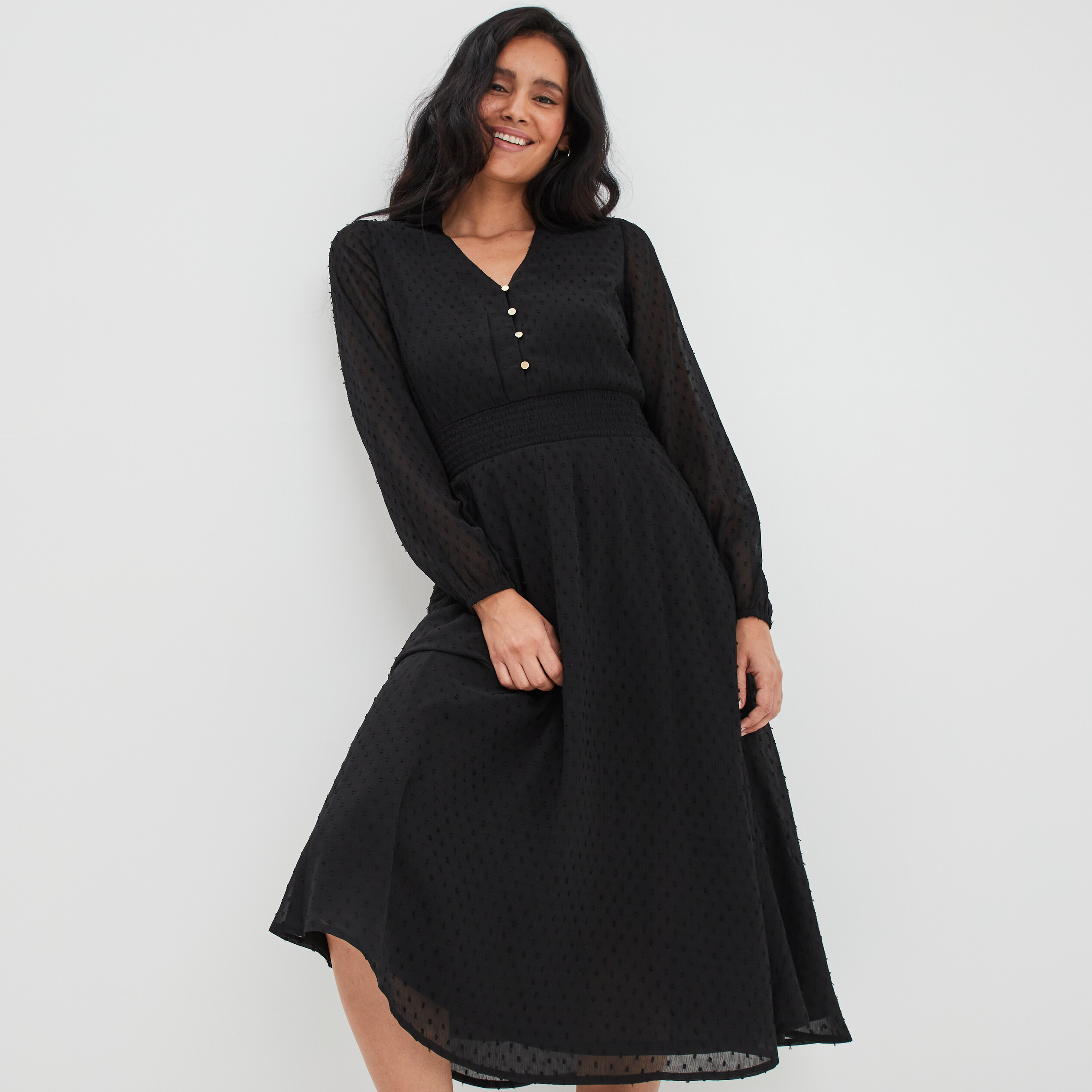Robe longue plumetis manches longues noir femme | La Halle