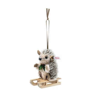 Igel Ornament mit Schlitten, 9 cm, dunkelbraun
