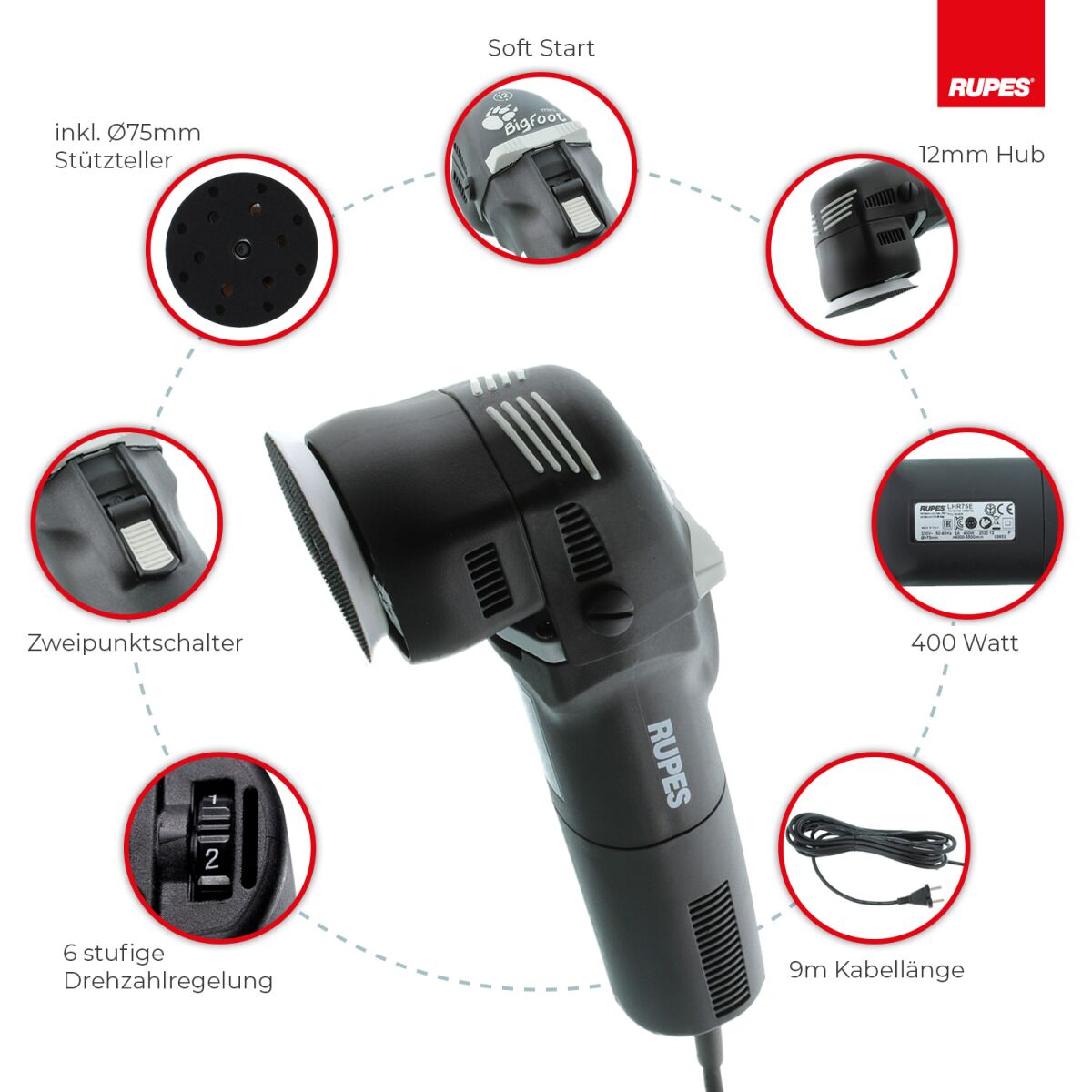 Rupes BigFoot LHR 75E Mini Exzenterpoliermaschine Basis Kit, 8-teilig