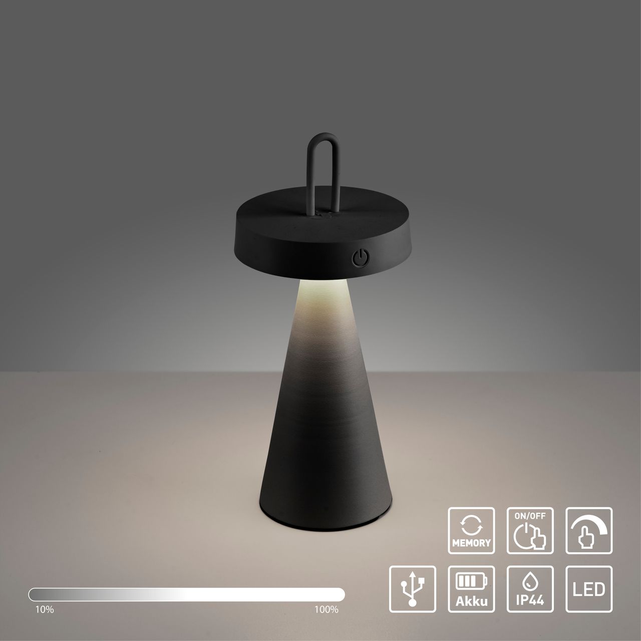 JUST LIGHT Akku Tischleuchte ALWA, 1x LED-Board/1,50Watt/2700Kelvin, IP44, Schwarz
